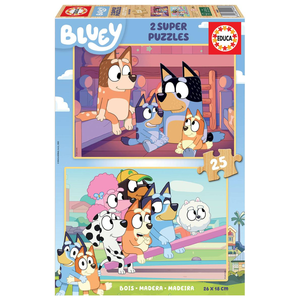 Pudełko z puzzlami Bluey, z postaciami psów. Zawiera dwie układanki z drewnianym tłem.