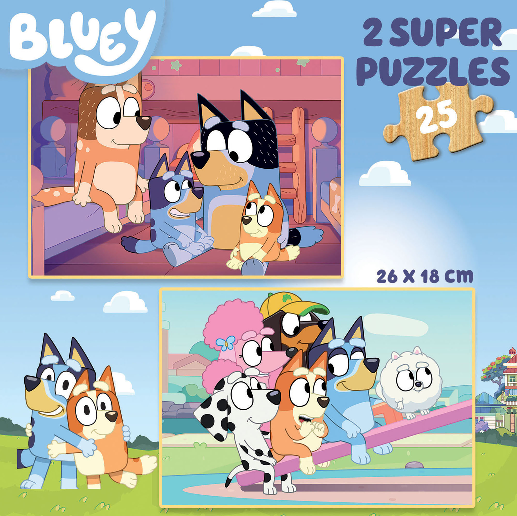 Pudełko z puzzlami Bluey z dwiema układankami przedstawiającymi Bluey i jej rodzinę w różnych scenach.