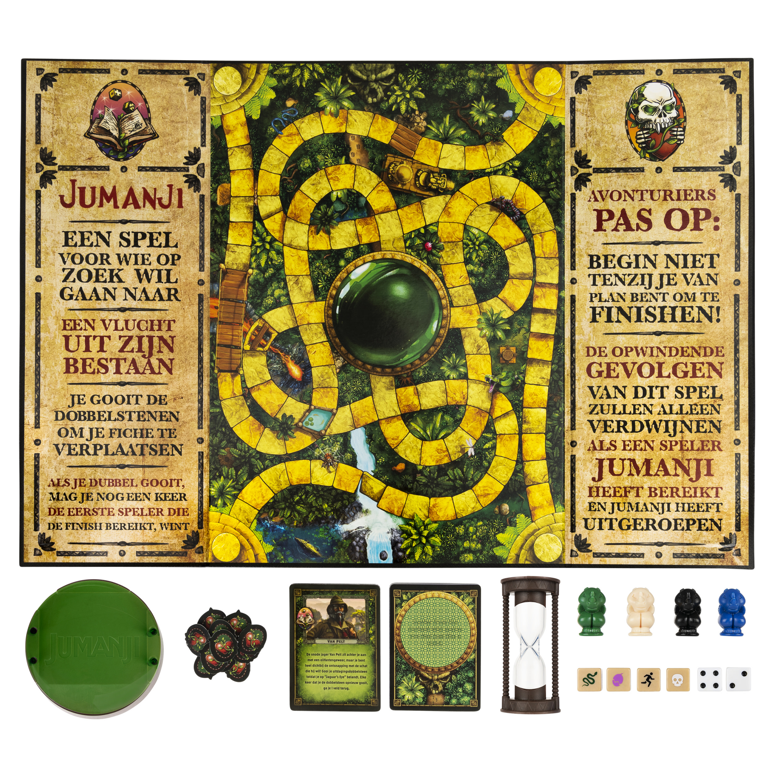 Gra planszowa Jumanji z planszą, kartami, kośćmi i drewnianymi figurkami.