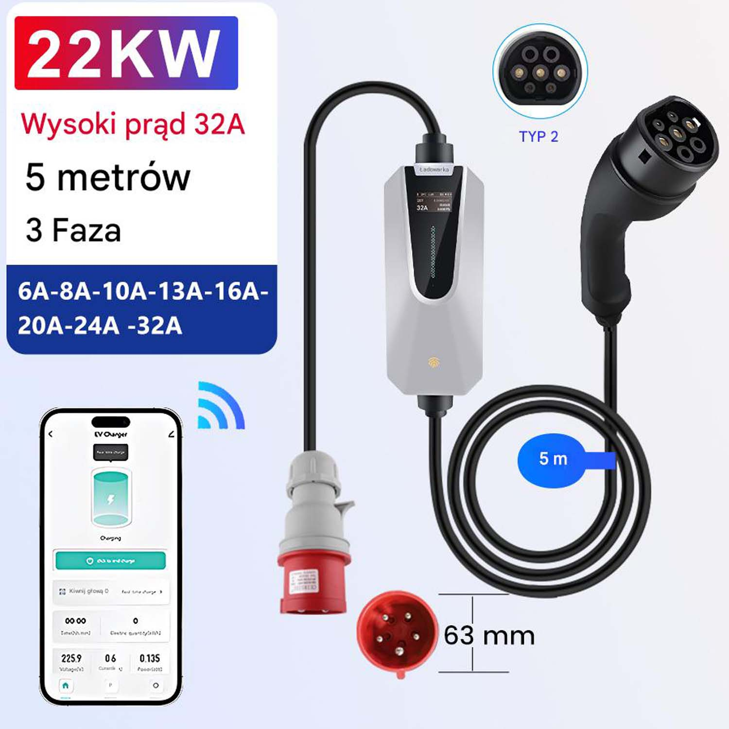 Ładowarka EV z różnymi funkcjami: 22 kW, 32 A, kabel 5 metrów, 3 fazy, z interfejsem aplikacji mobilnej.