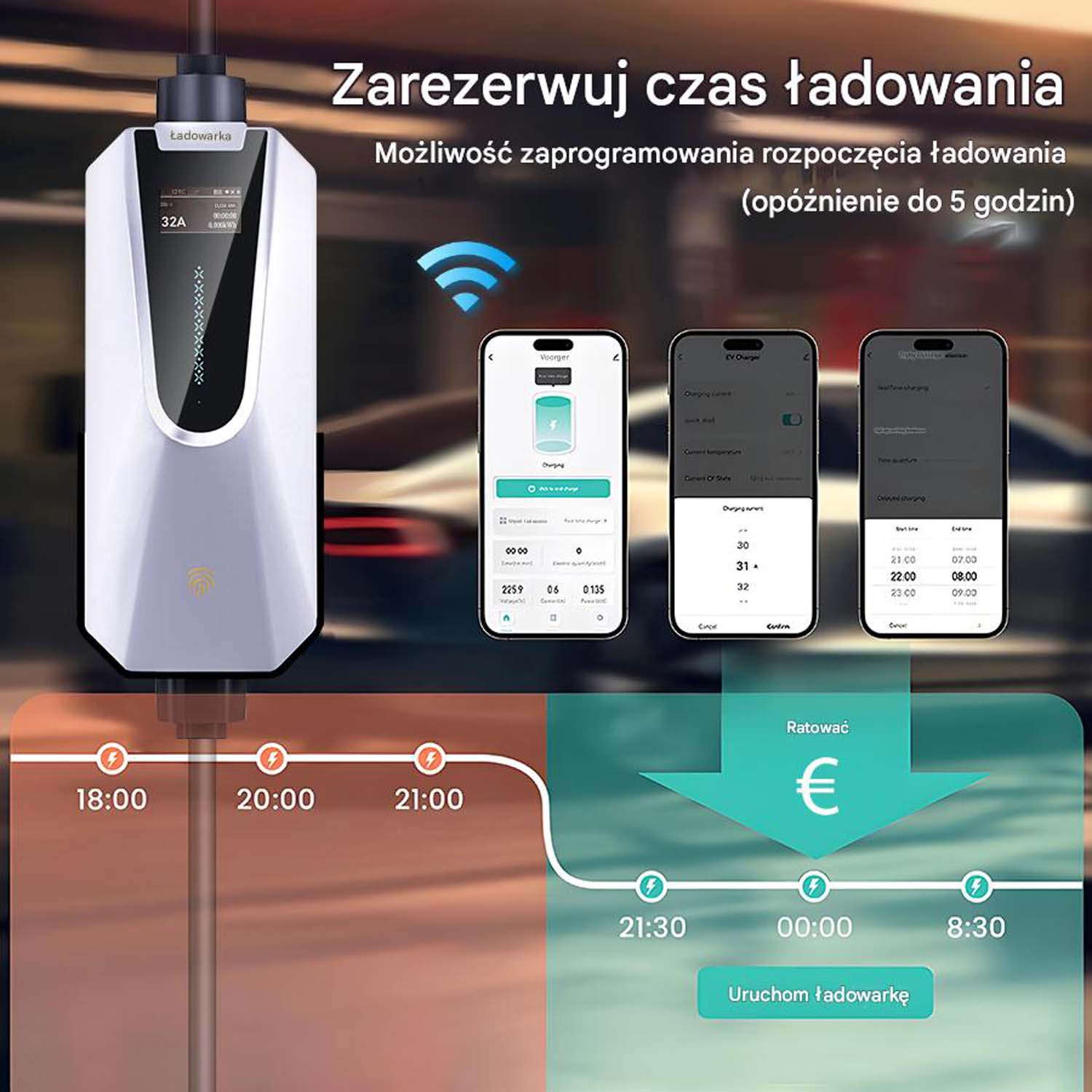 Ładowarka EV z białym designem i interfejsem aplikacji mobilnej do planowania czasów ładowania. Pokazano przedziały czasowe.