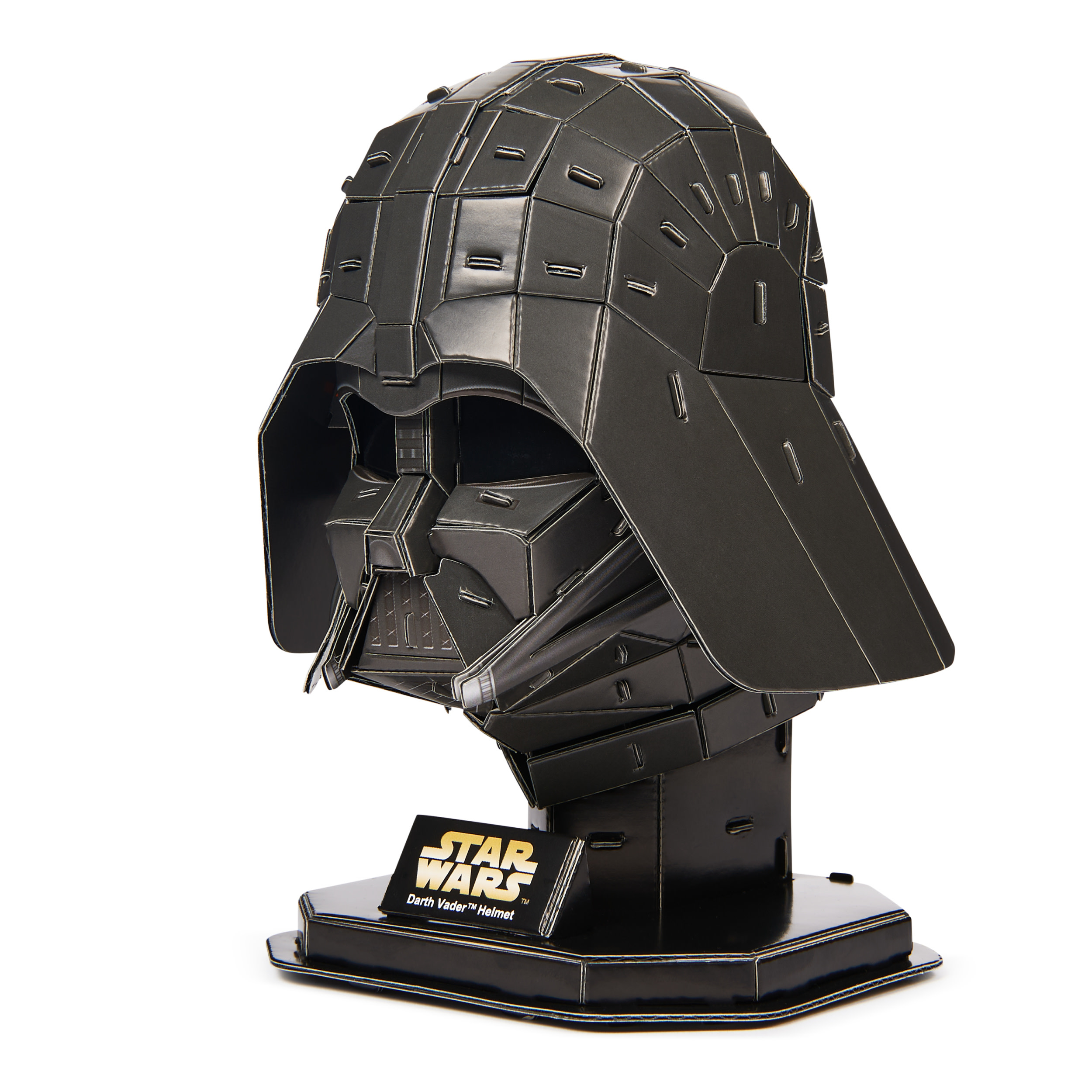 Darth Vader helmet puzzle. Black, angular helmet on a stand. Star Wars logo.