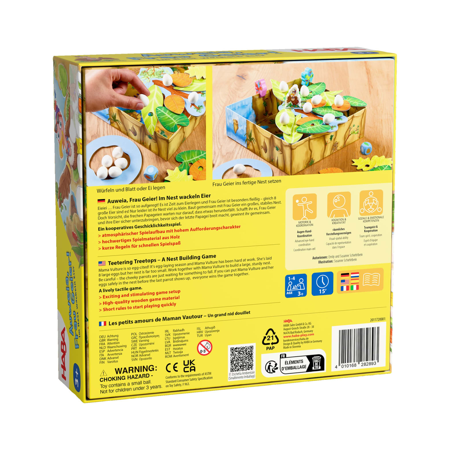 Une boîte de jeu de société avec des illustrations d'une poule et de poussins. La boîte est colorée et a du texte.