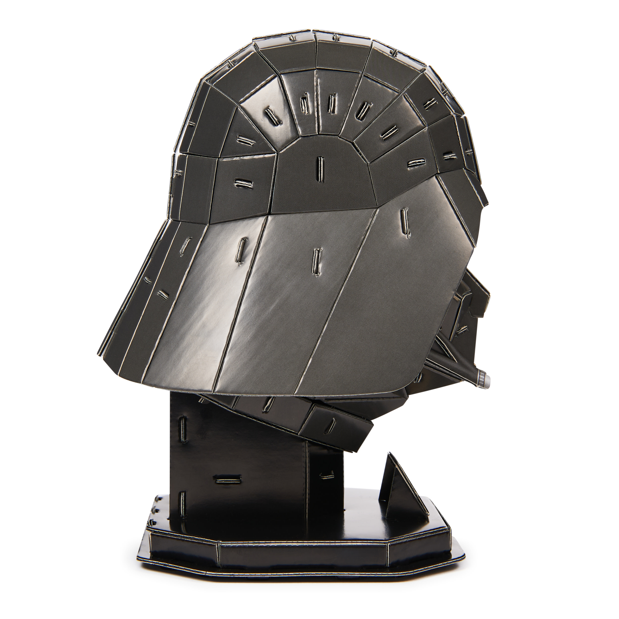 Darth Vader helmet puzzle from a side view on a stand. Black and shiny design.