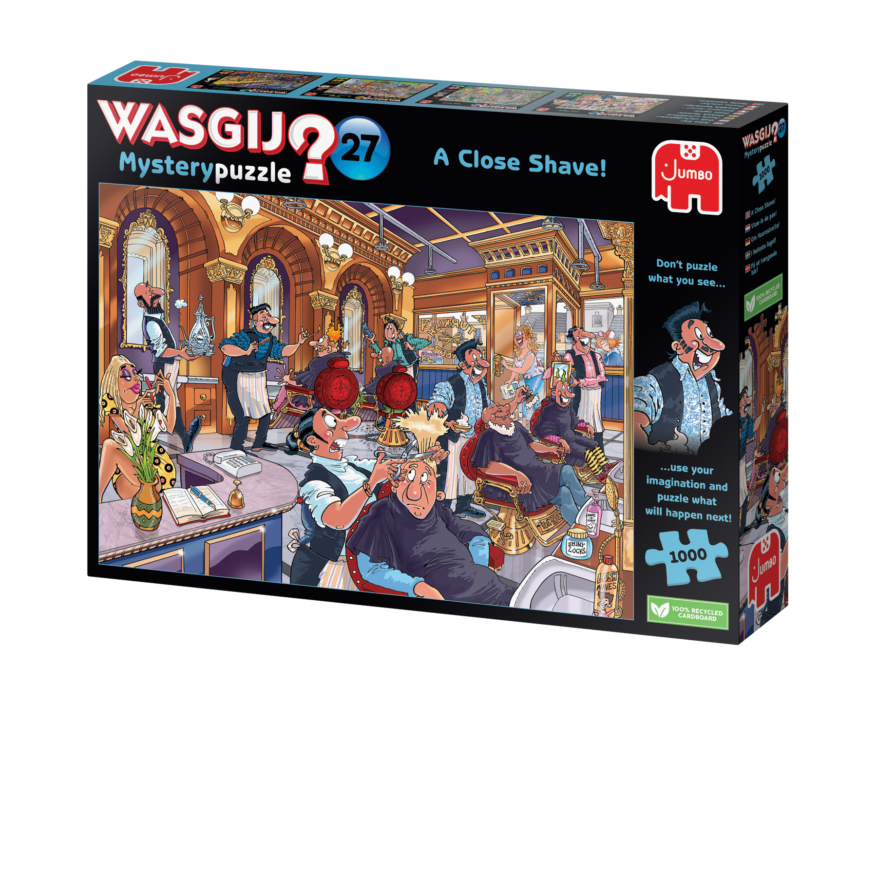 A Wasgij puzzle box depicting a busy barbershop with many characters.