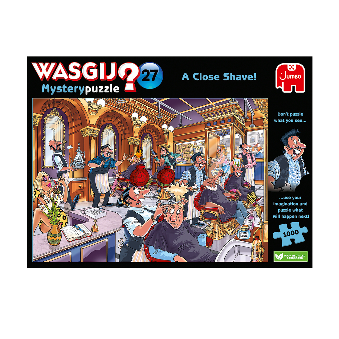 Puzzle shows a barber shop scene with many people getting haircuts. The puzzle's title is "A Close Shave!"
