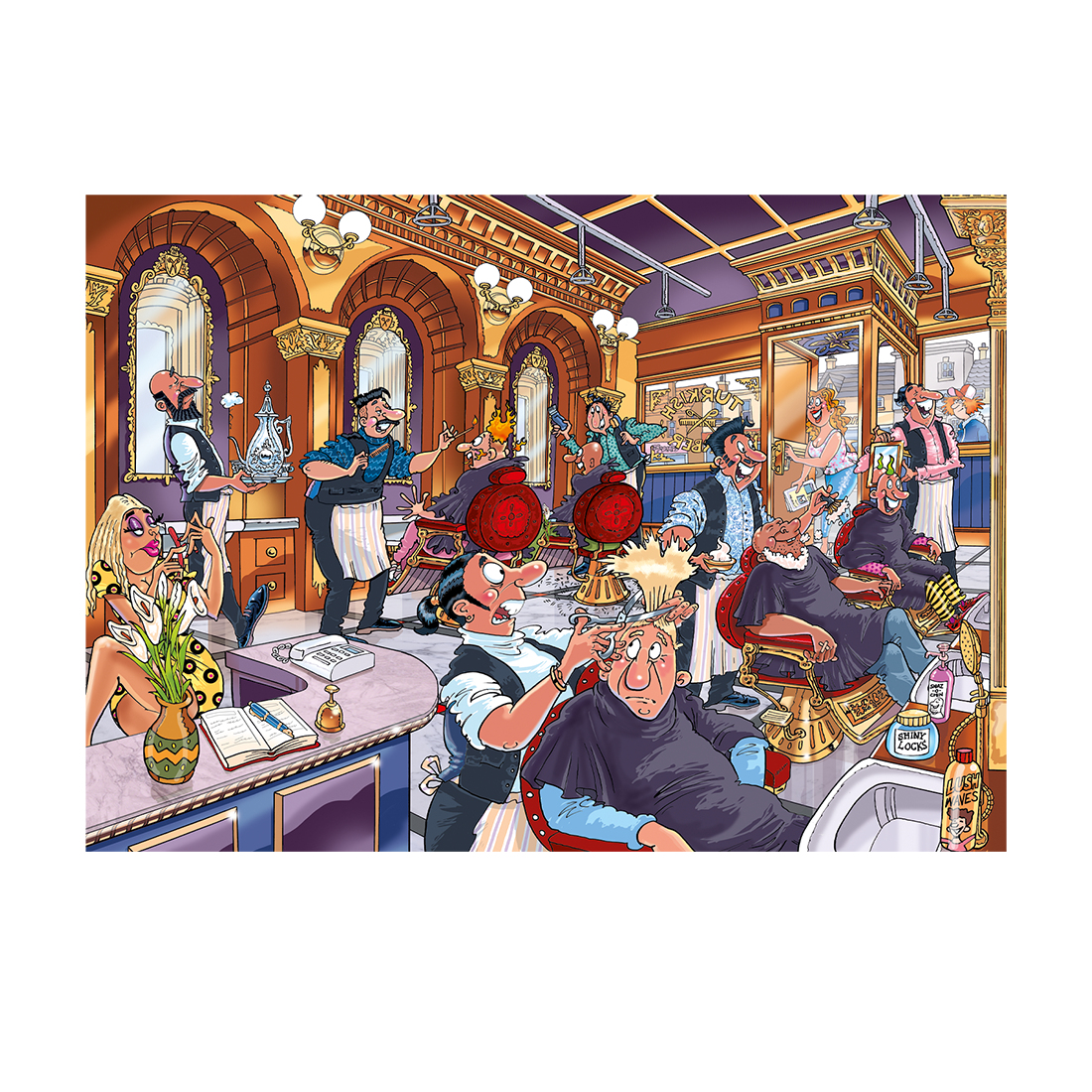 Cartoon barber shop with many people. Barbers, clients, and various objects are in a detailed, colorful setting.