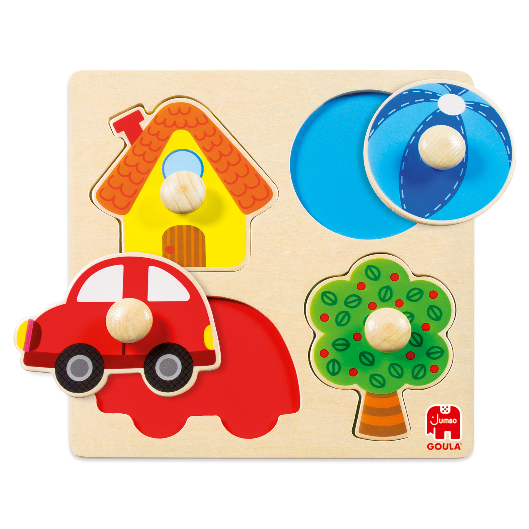 Rompecabezas de madera con formas de casa, coche, árbol y pelota. Cada forma tiene una perilla para facilitar el manejo.