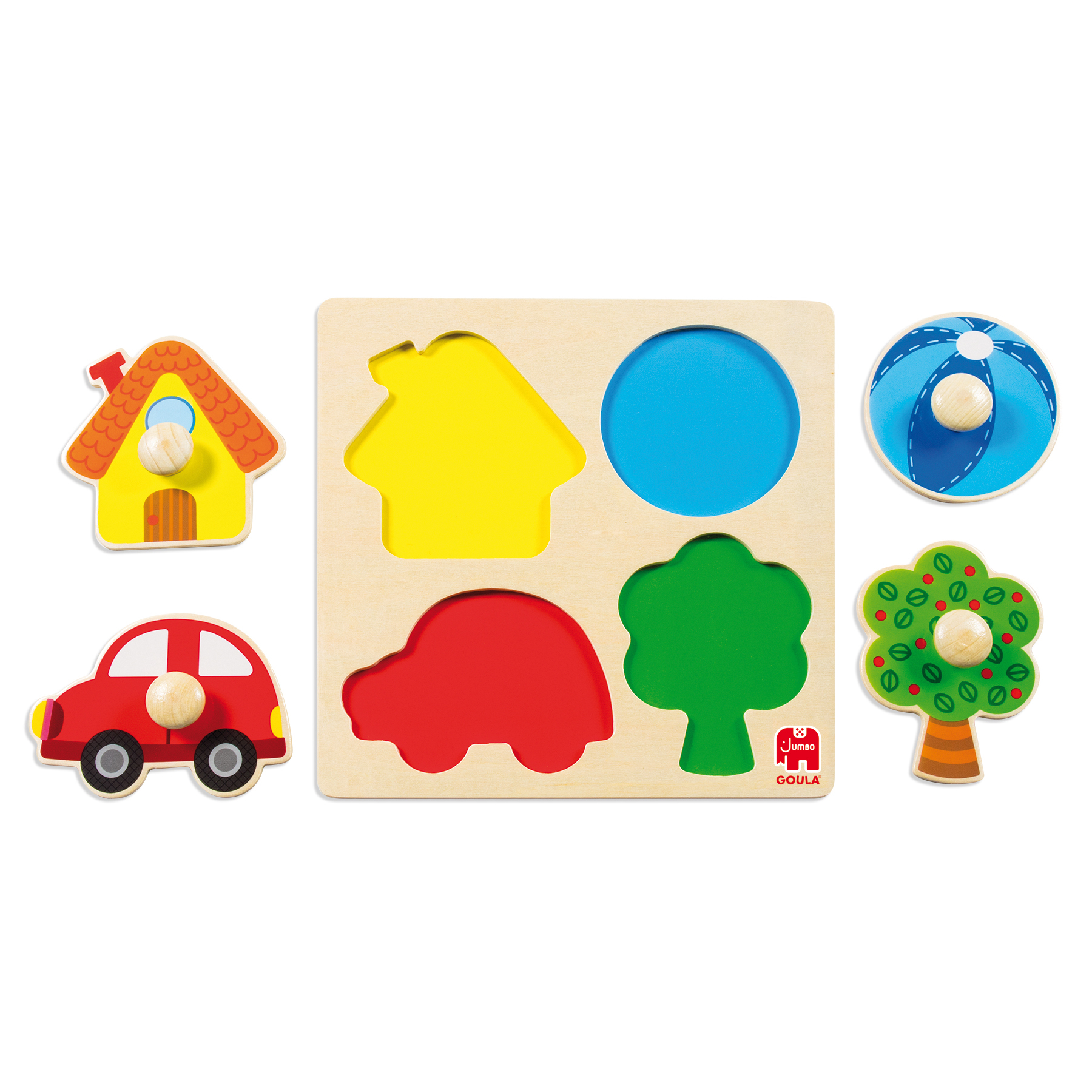 Rompecabezas de madera con formas: una casa, una pelota, un árbol y un coche. Cada forma tiene una clavija para levantar.
