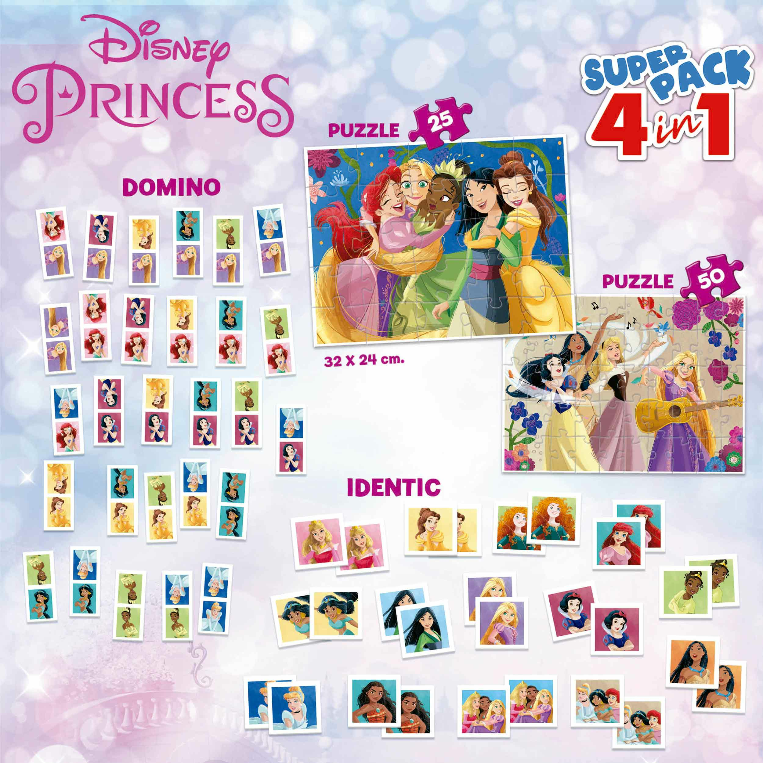 Zestaw puzzli Disney Princess z czterema różnymi rodzajami puzzli i elementami gry.