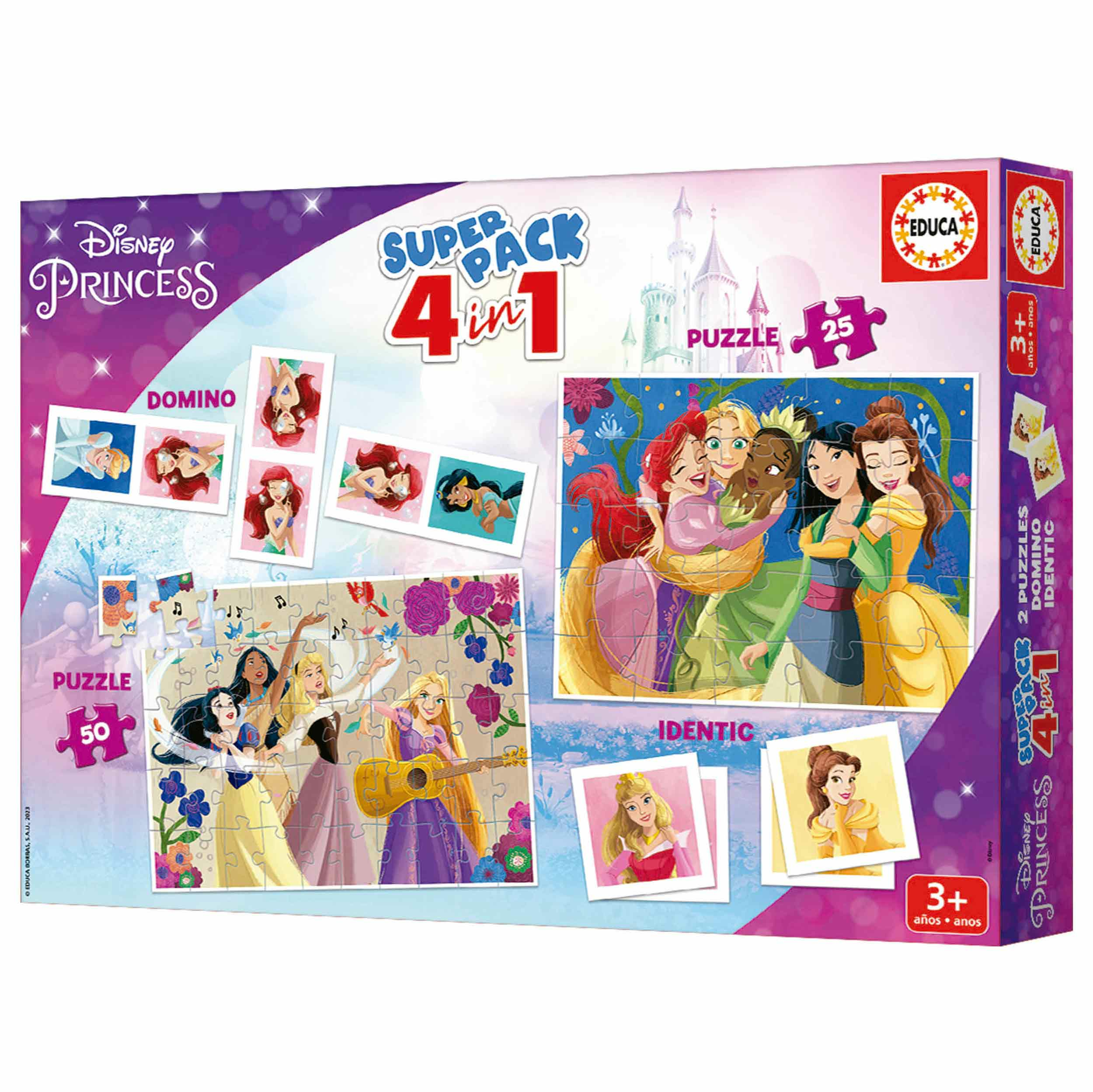Zestaw puzzli Disney Princess 4 w 1 z wieloma wzorami puzzli z ilustracjami księżniczek.