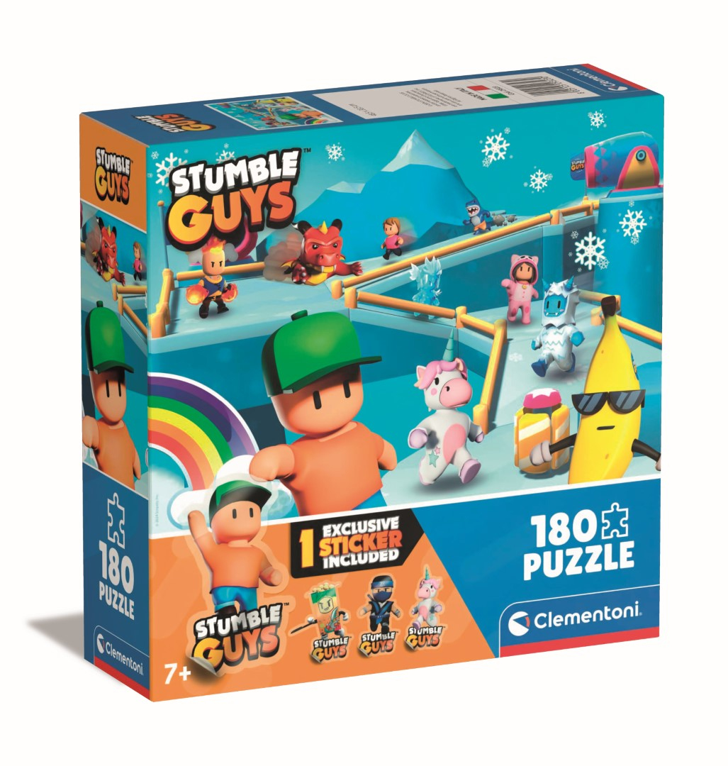 Jeu de boîte de puzzle Stumble Guys, avec divers personnages et une scène hivernale avec un arc-en-ciel.