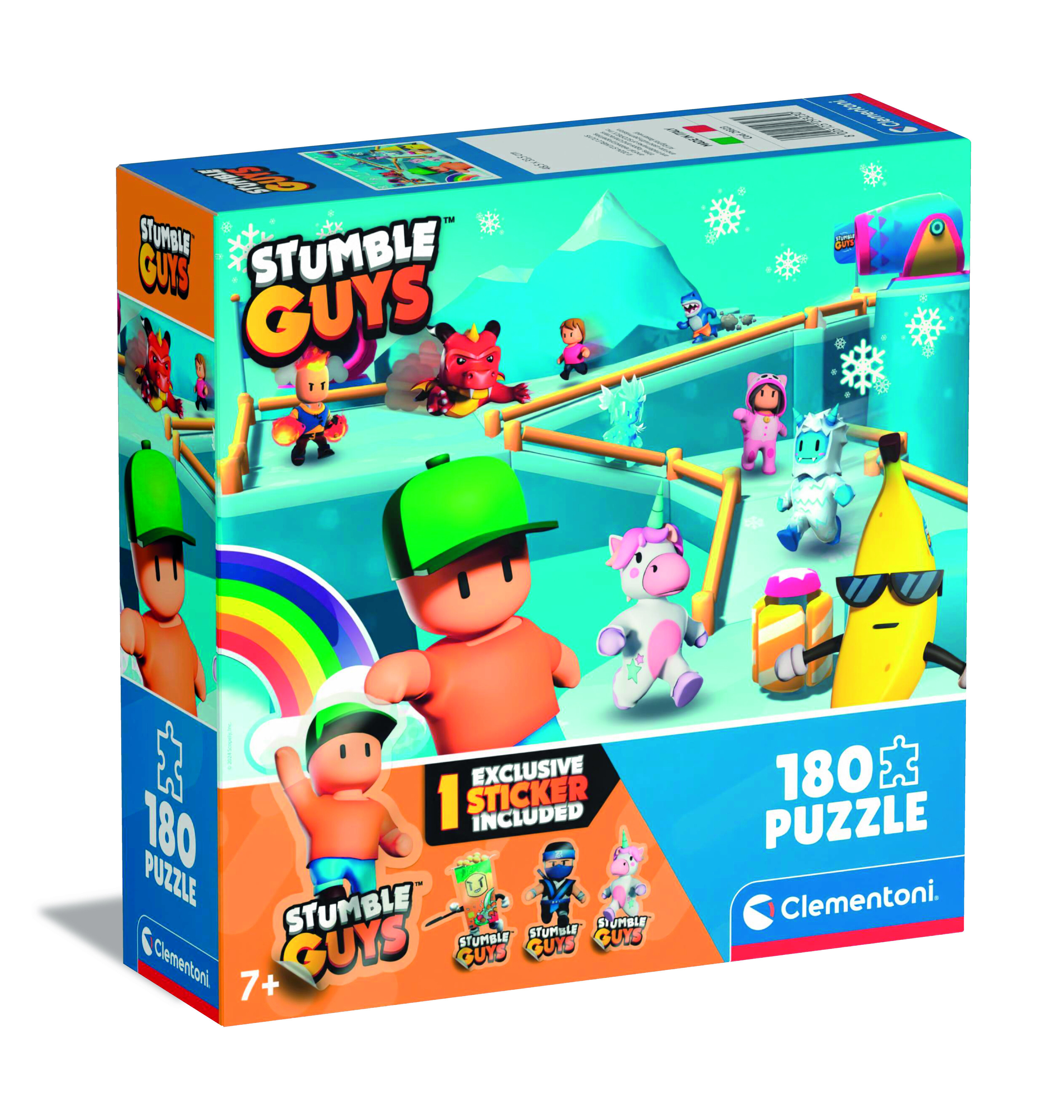 Une boîte de puzzle avec des personnages de Stumble Guys dans une scène enneigée, comprend un autocollant et 180 pièces.