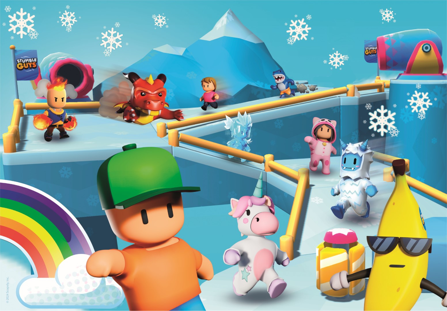 Personnages de Stumble Guys dans une scène hivernale avec des flocons de neige, arc-en-ciel et montagne.