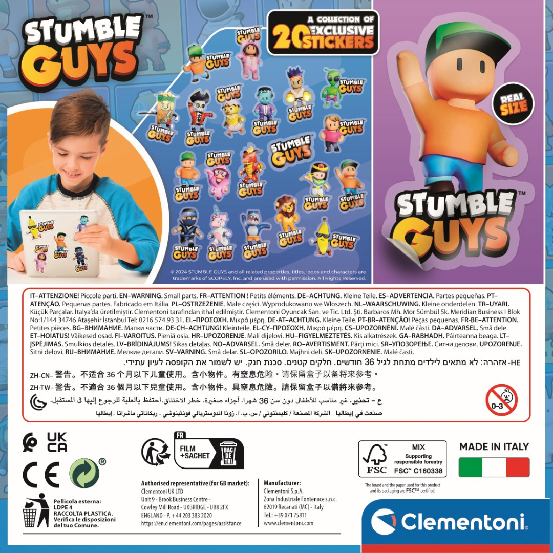 Autocollants Stumble Guys et un garçon tenant une tablette avec des autocollants Stumble Guys sur fond blanc.