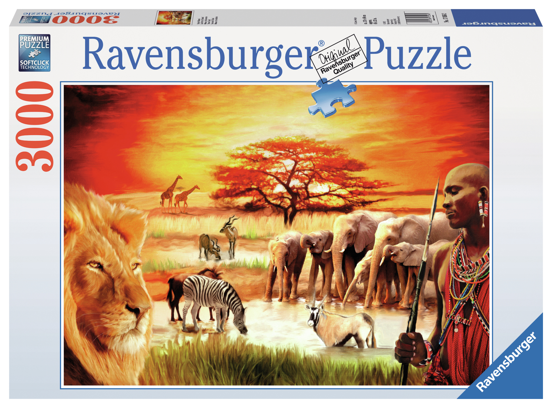 Puzzle 3000 elementów, ze sceną zachodu słońca z lwami, żyrafami i słoniami przy wodopoju.