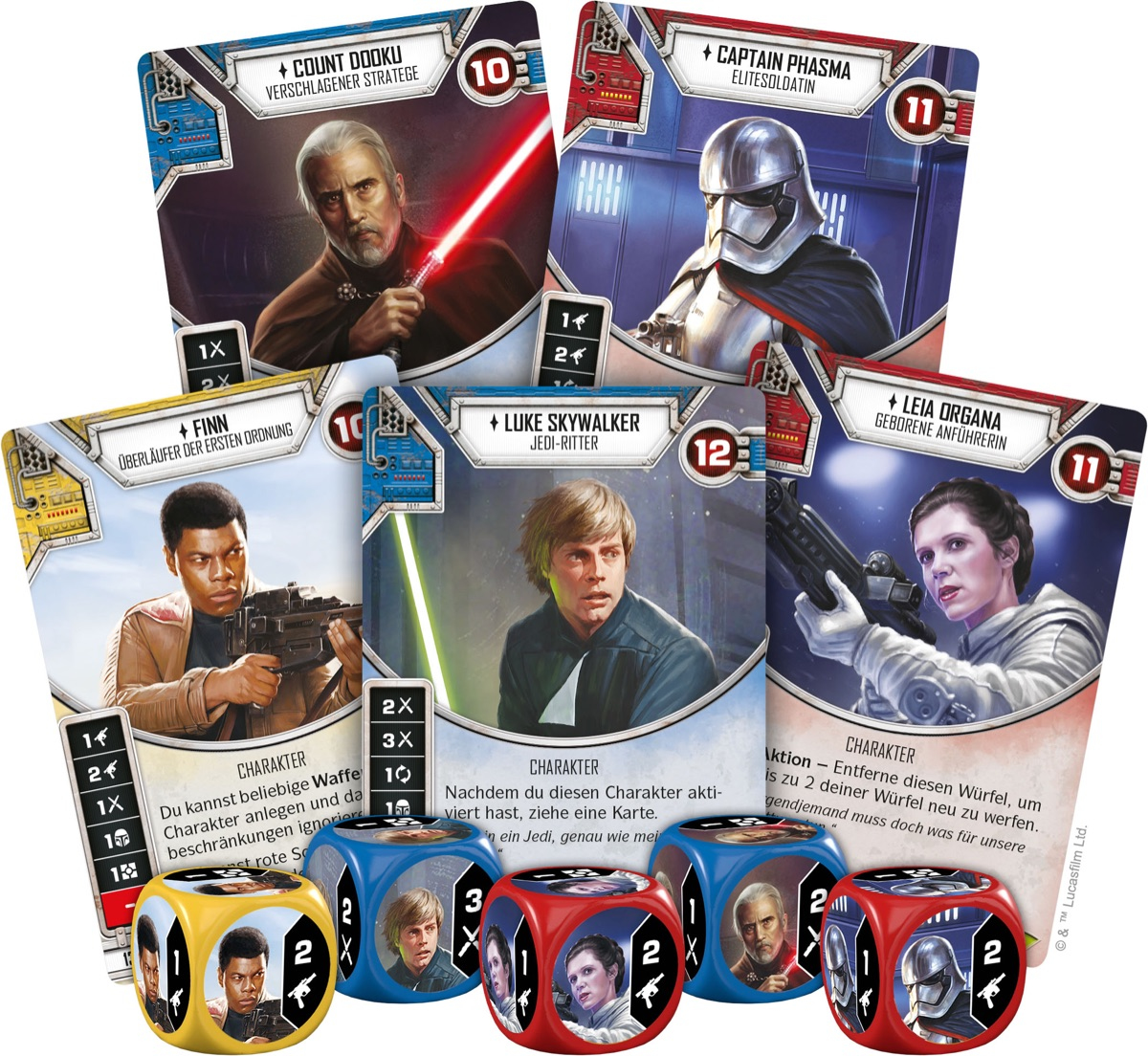Karty kolekcjonerskie Star Wars z kostkami. Postacie: Hrabia Dooku, Kapitan Phasma, Finn, Luke i Leia.