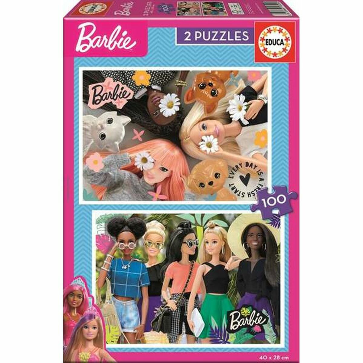 Pudełko z puzzlami Barbie pokazujące dwie układanki. Układanki przedstawiają lalki Barbie i psy.