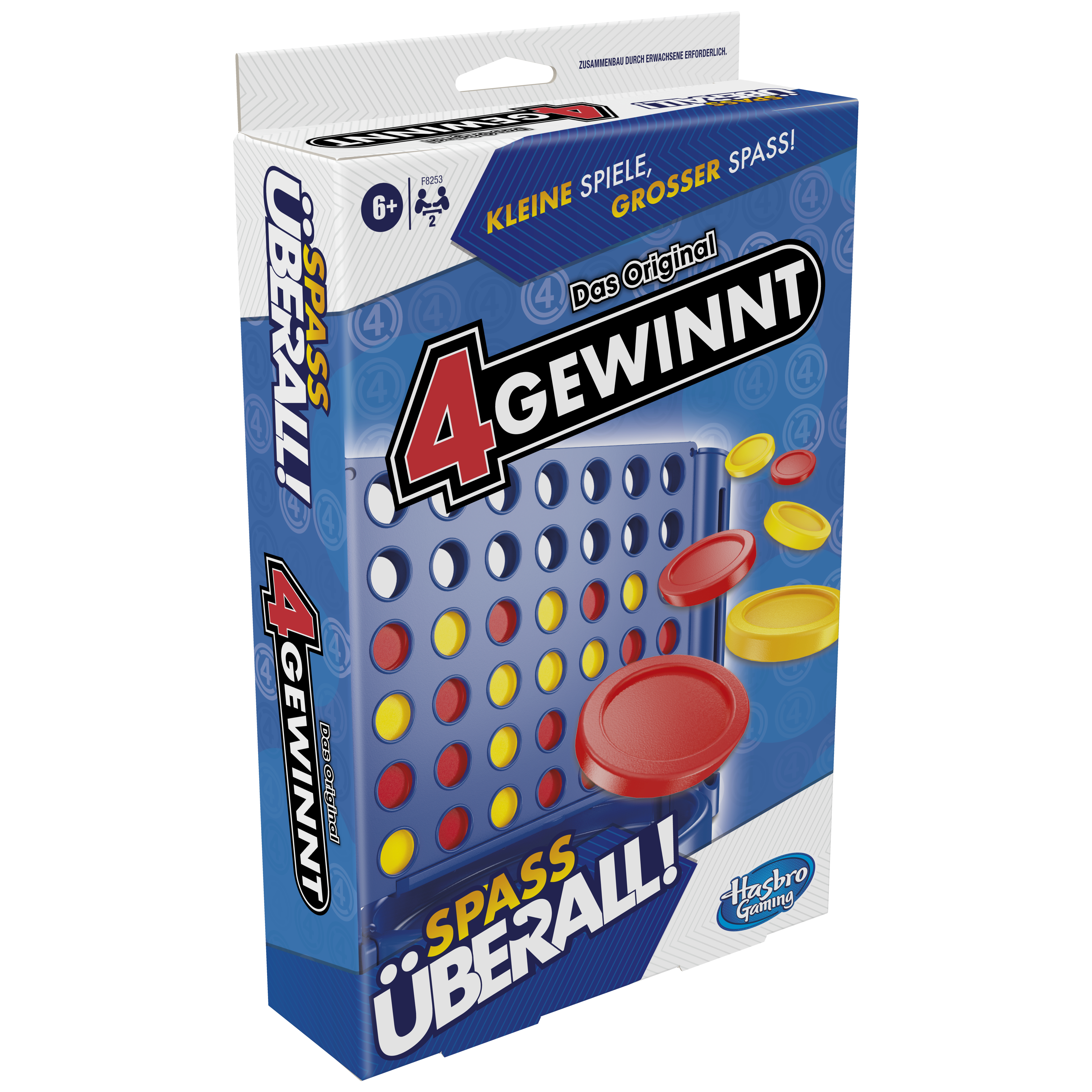 Eine Spielbox von '4 Gewinnt' steht auf einer weißen Oberfläche. Die Box ist blau mit roten und gelben Spielsteinen.