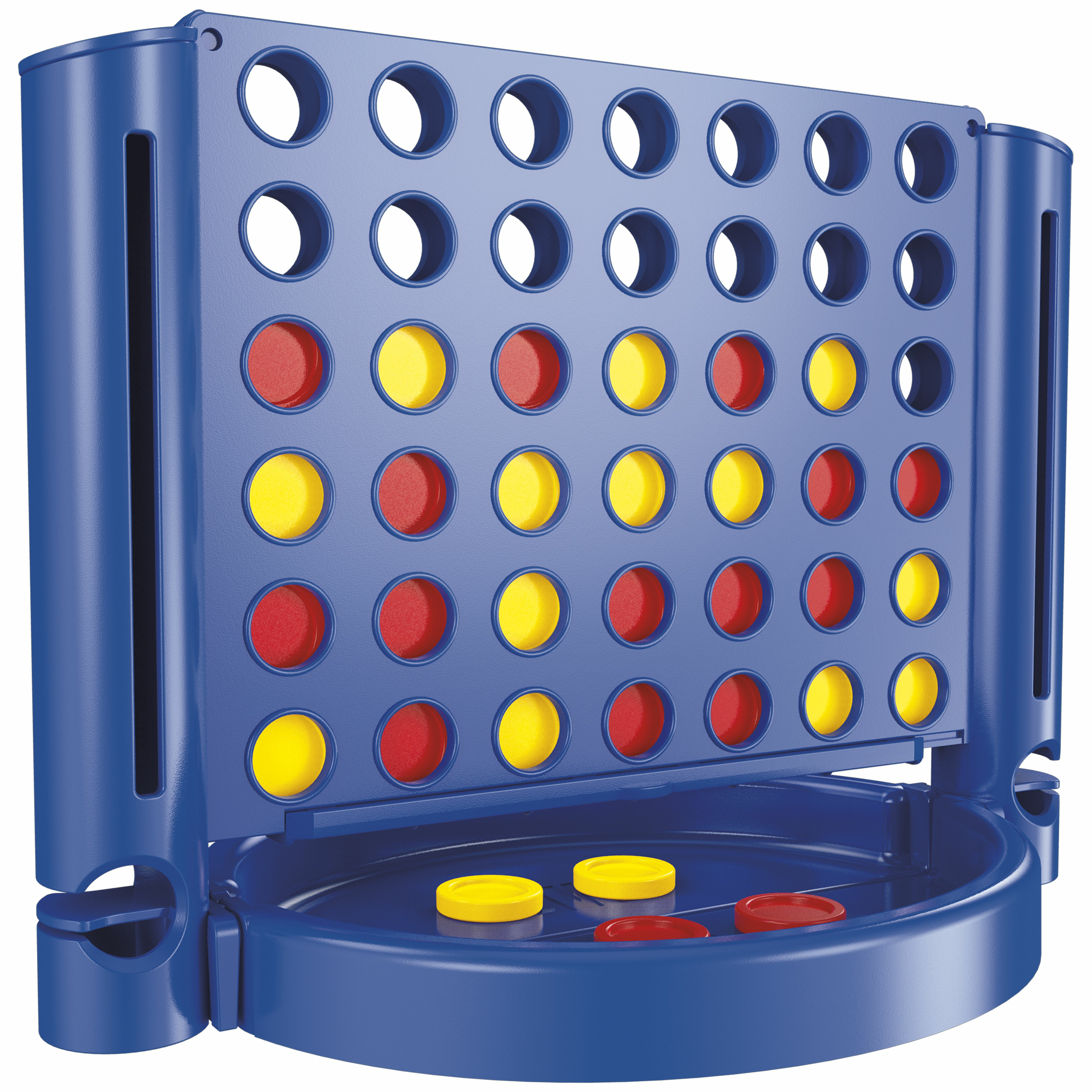 Connect 4 Spiel. Blauer Rahmen mit roten und gelben Scheiben im Spiel. Schwarze Basis.