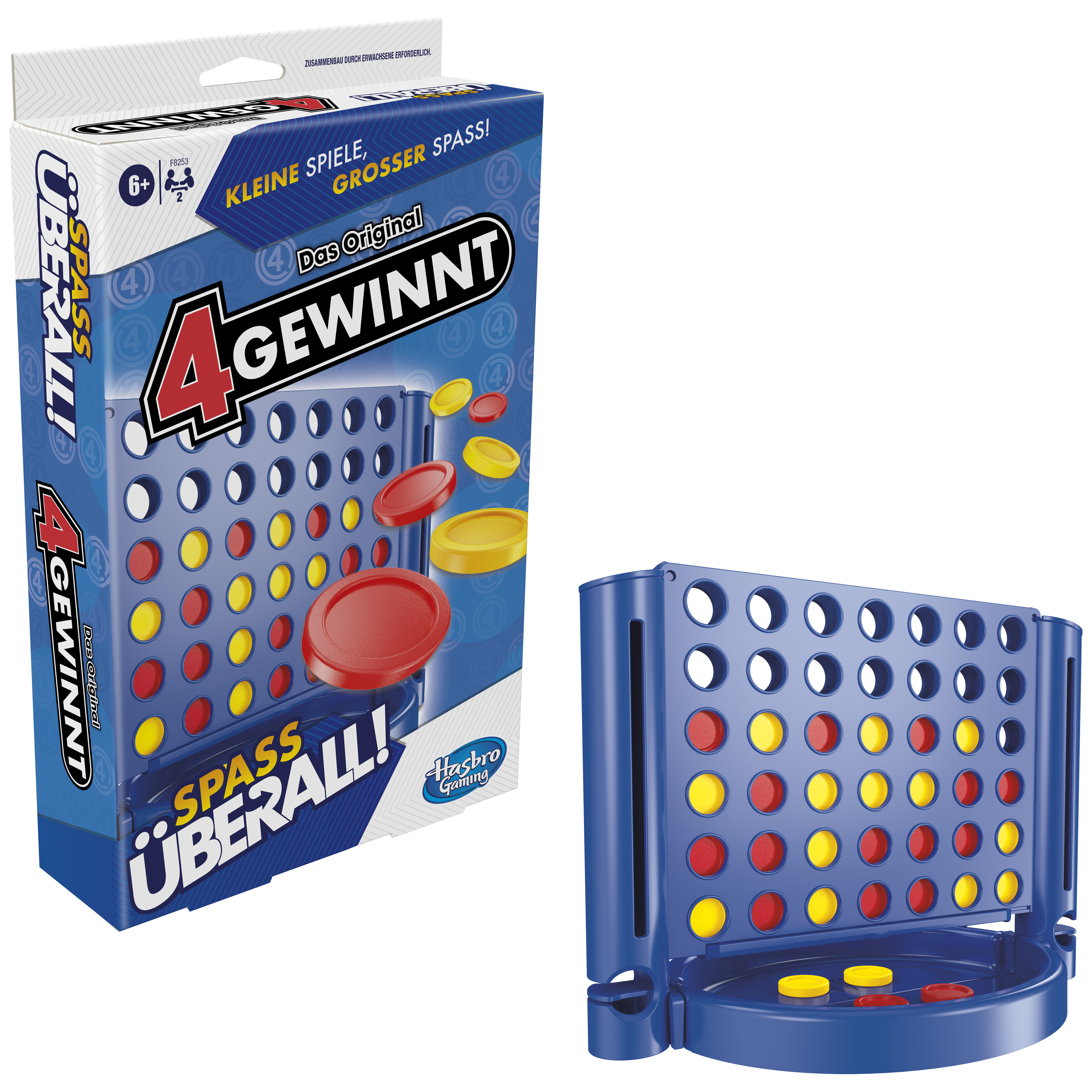 Connect 4 Spielbox und Spiel. Blaues Spiel. Rote und gelbe Chips. Spiel und Box sind sichtbar.