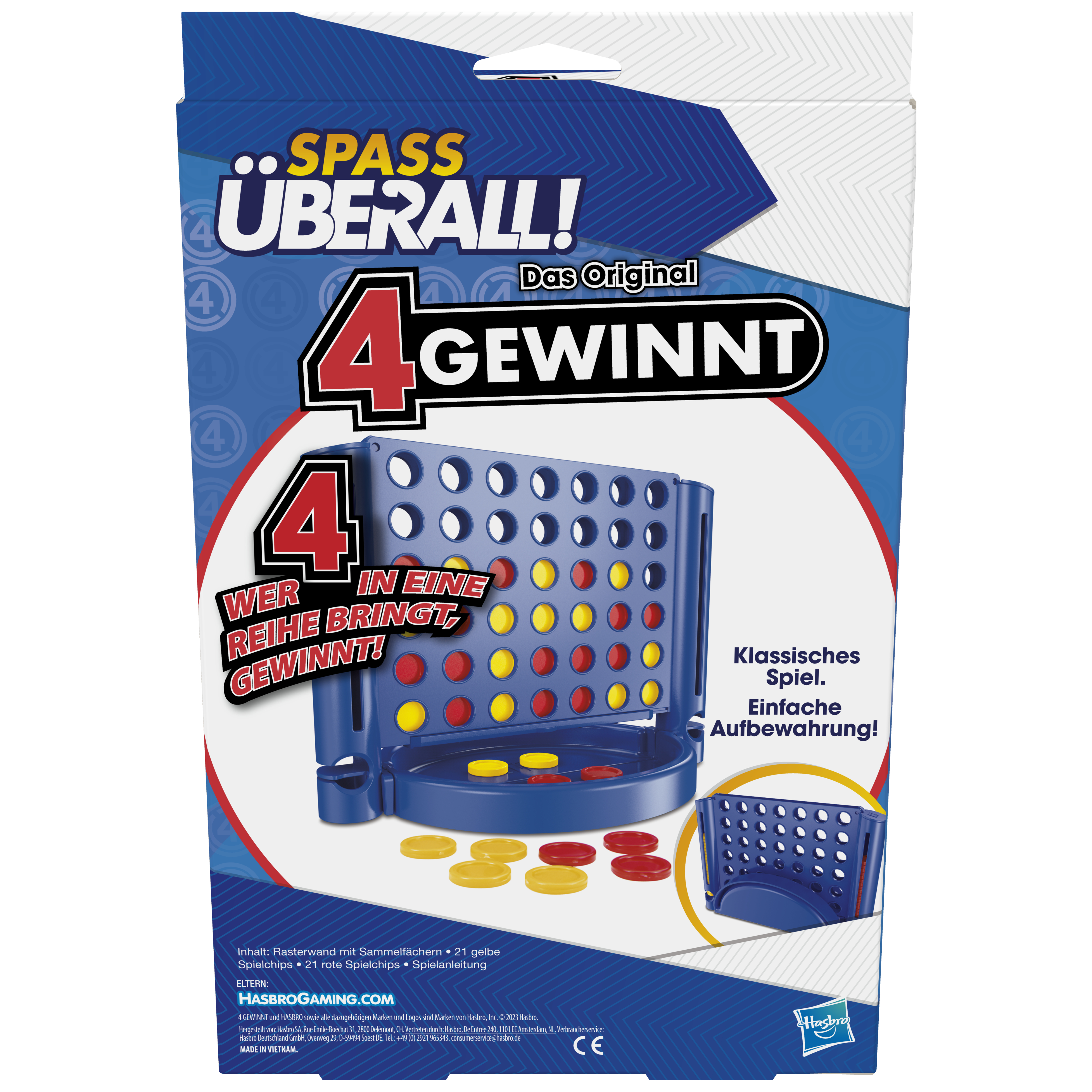 Vier in einer Reihe Spielbox. Das Spiel befindet sich in einem blauen Rahmen mit roten und gelben Spielsteinen auf der Box.