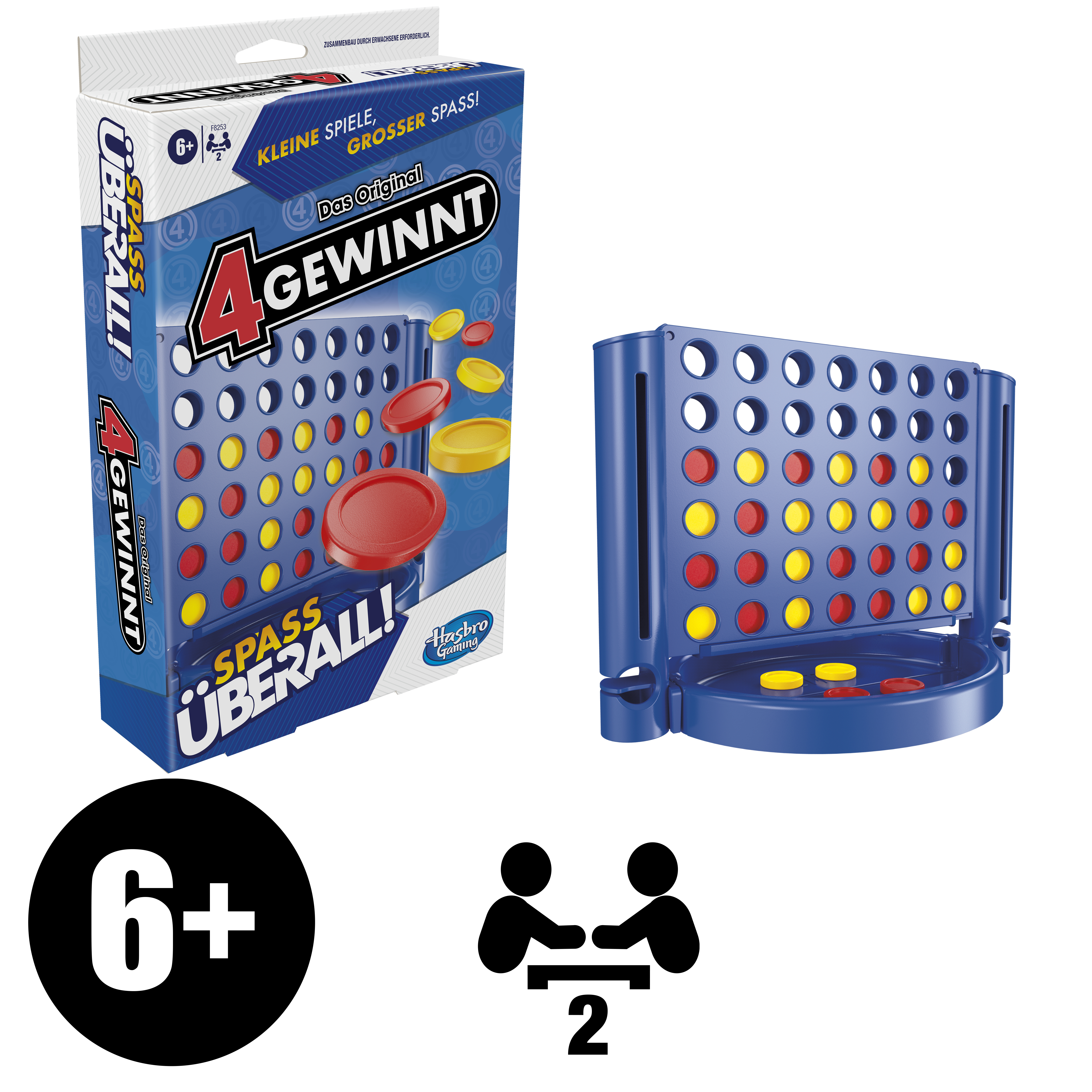 Zwei '4 Gewinnt'-Spiele: die Box und ein Spielaufbau. Die Box hat rote und gelbe Spielsteine.