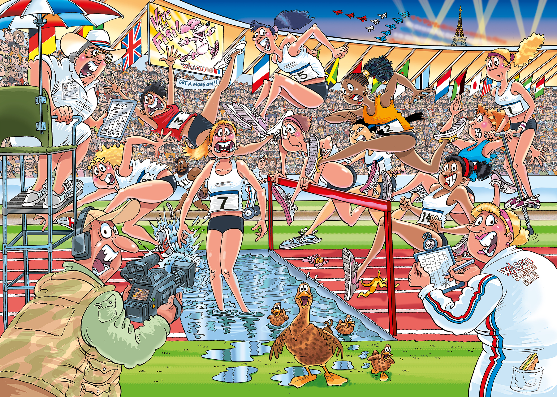 Puzzle Wasgij z sportowcami rywalizującymi na stadionie, humorystyczna scena.