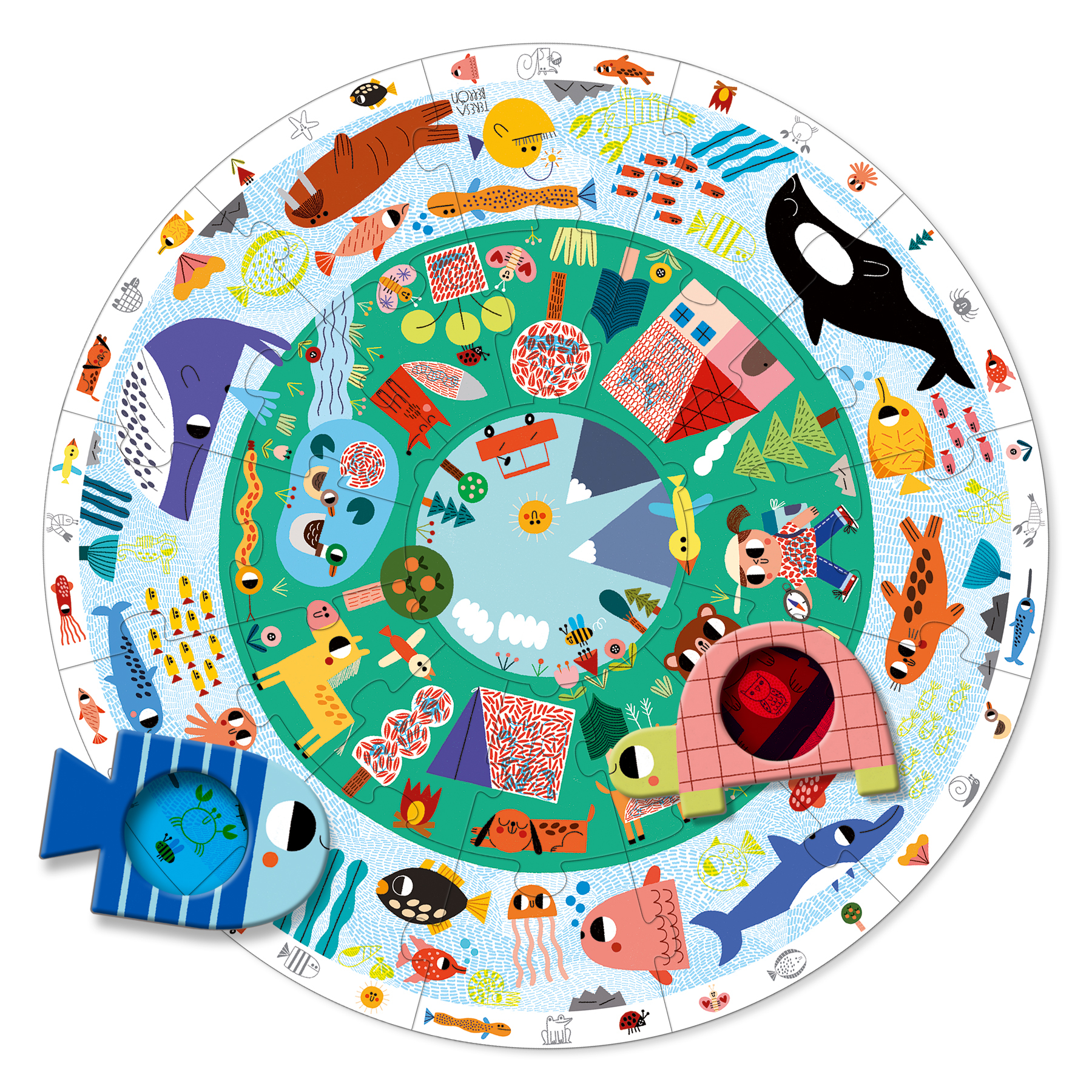 Ein kreisförmiges Puzzle mit Meerestieren und einer zentralen Sonne. Enthält Wale, Fische und ein Schildkrötenstück.