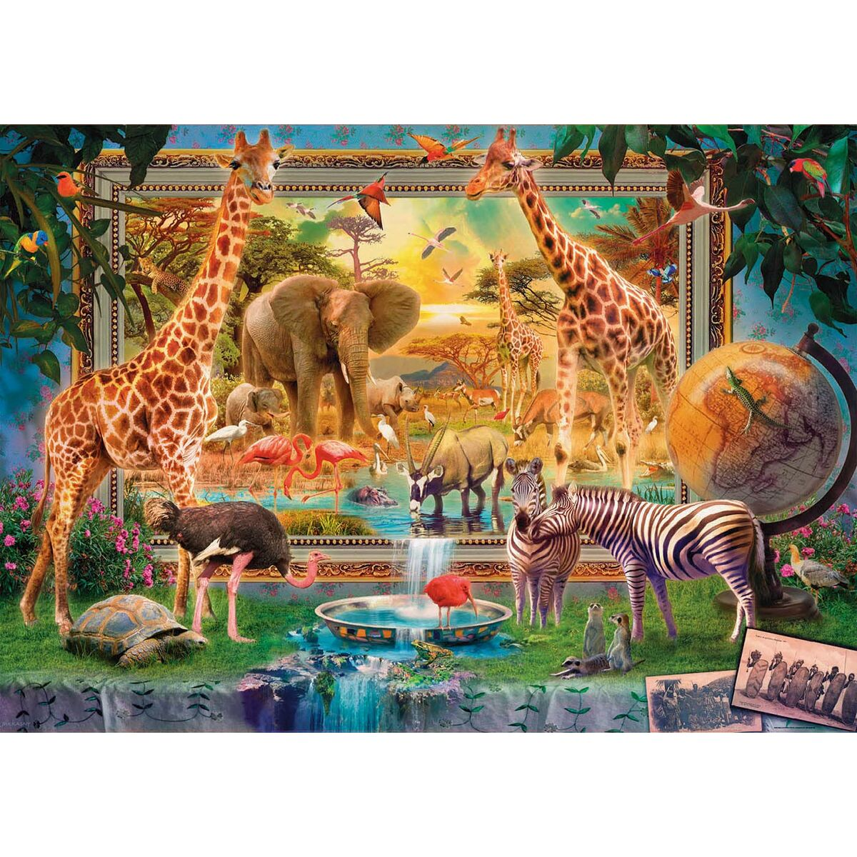 Puzzle przedstawiające scenę safari z żyrafami, słoniami, zebrą i flamingami w pobliżu wodospadu i globu.