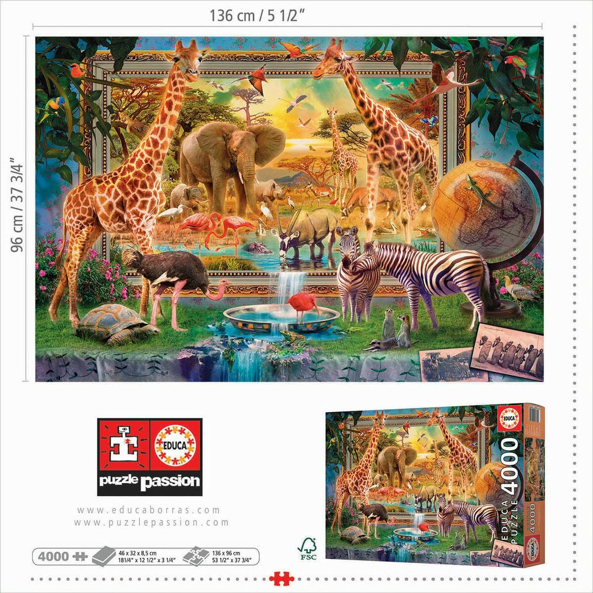 Pudełko z puzzlami 4000 elementów i obraz ułożonej układanki, przedstawiający scenę safari ze zwierzętami i wodospadem.