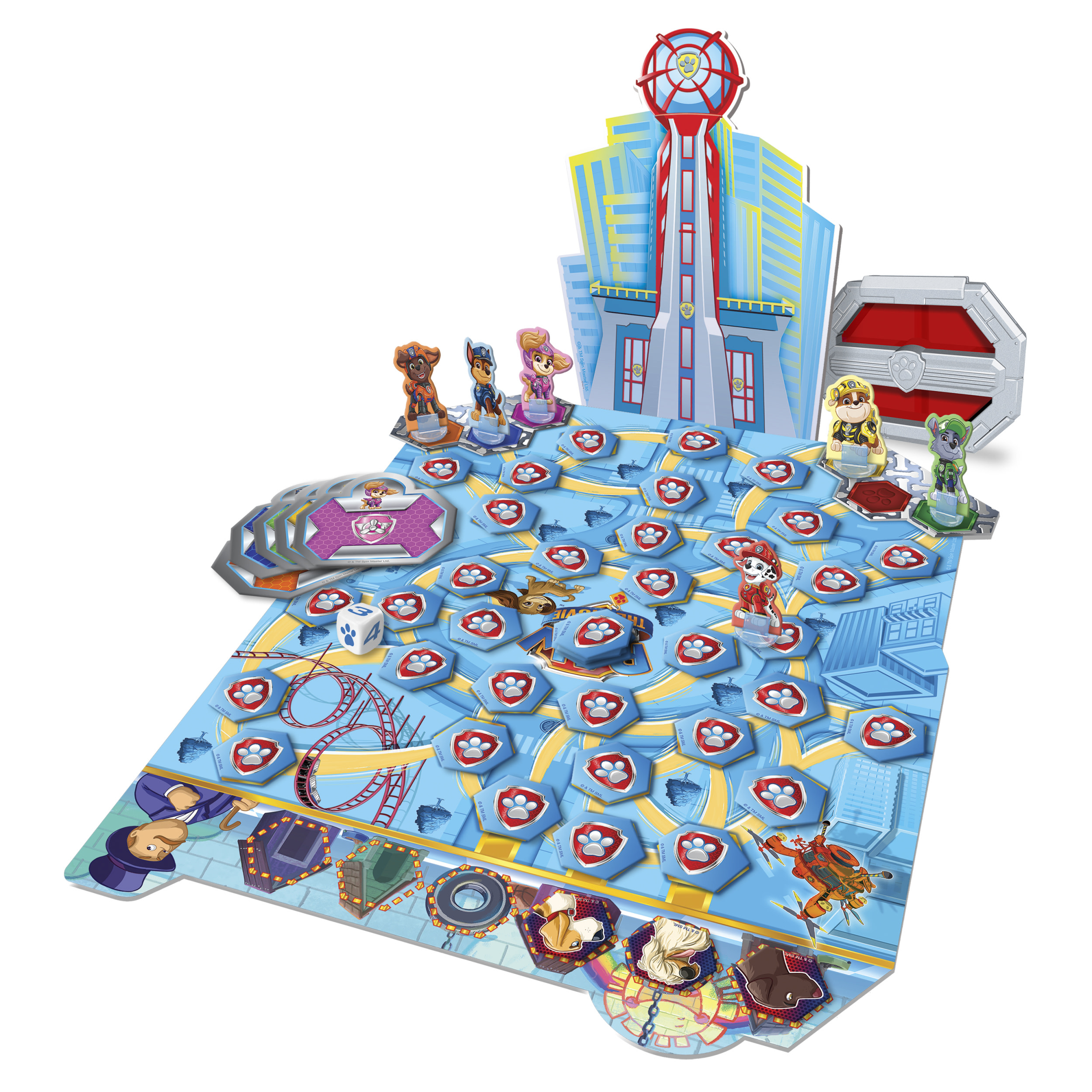Paw Patrol Brettspiel mit Stadtlayout, Figuren, Würfeln und einem Spielbrett. Charaktere befinden sich auf dem Brett.