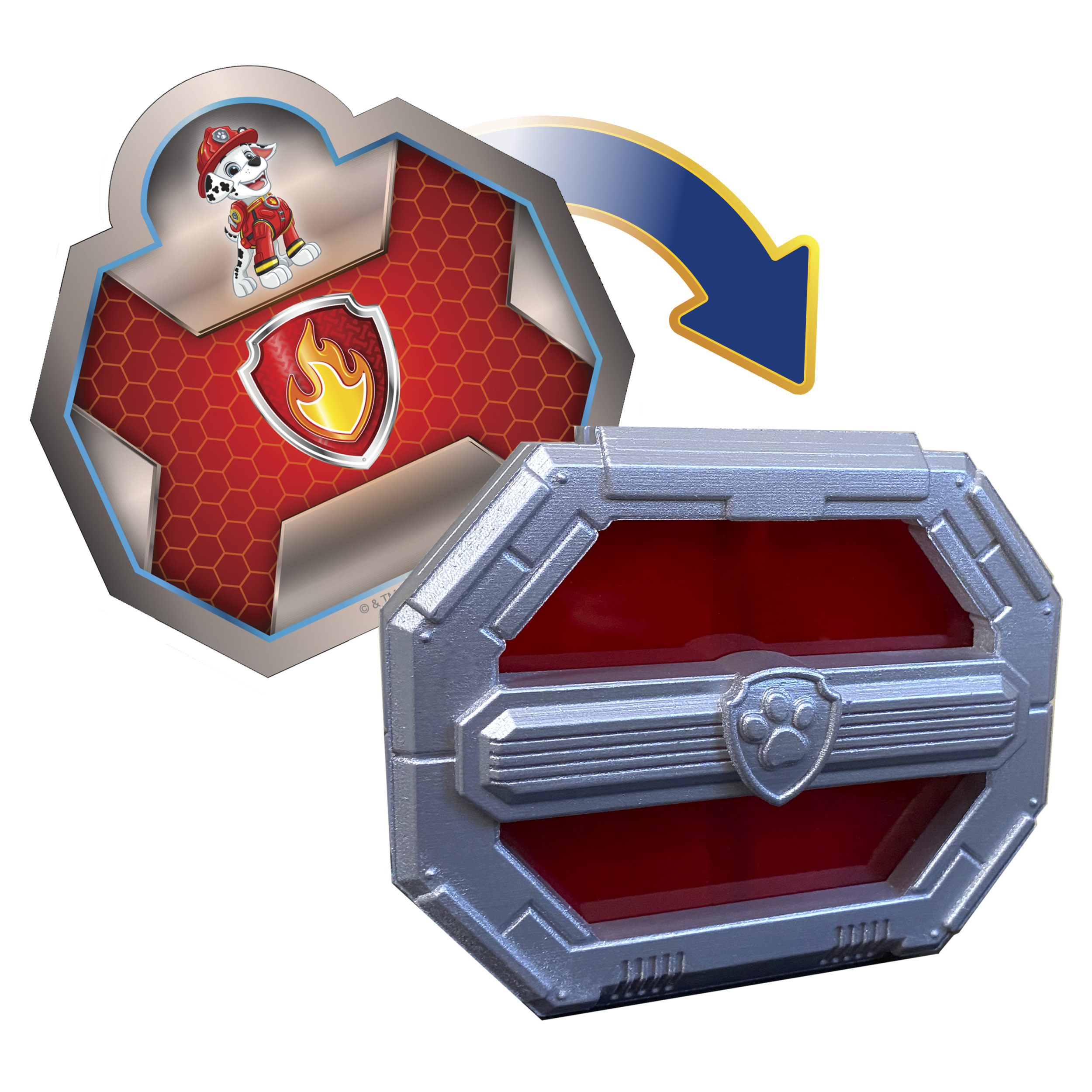 Ein Paw Patrol Schildspielzeug. Es hat Marshalls Bild und einen roten Schild mit einem Flammenemblem.