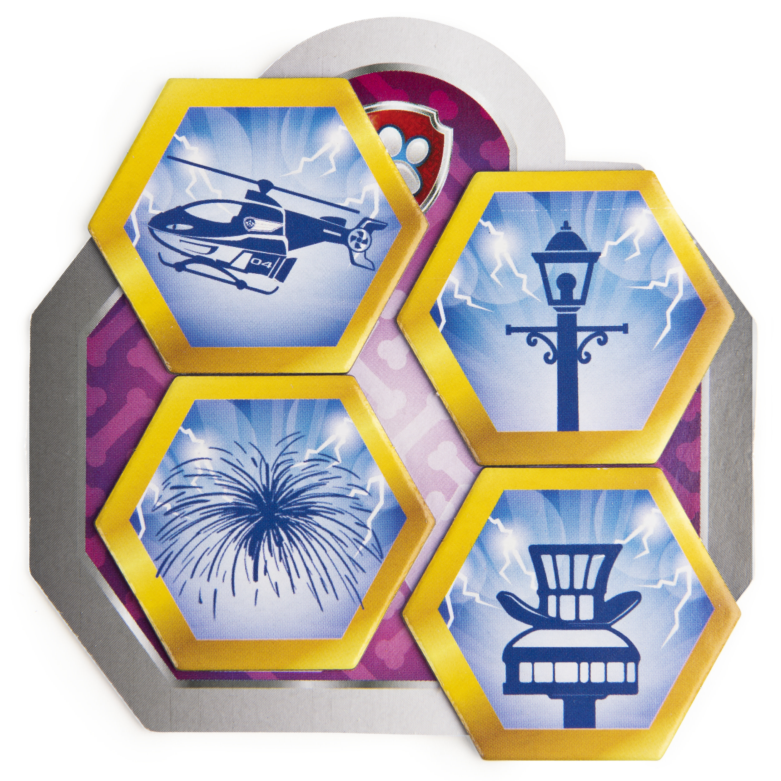 Ein Paw Patrol Puzzleteil. Enthält Bilder von einem Hubschrauber, Feuerwerk und einer Straßenlaterne.