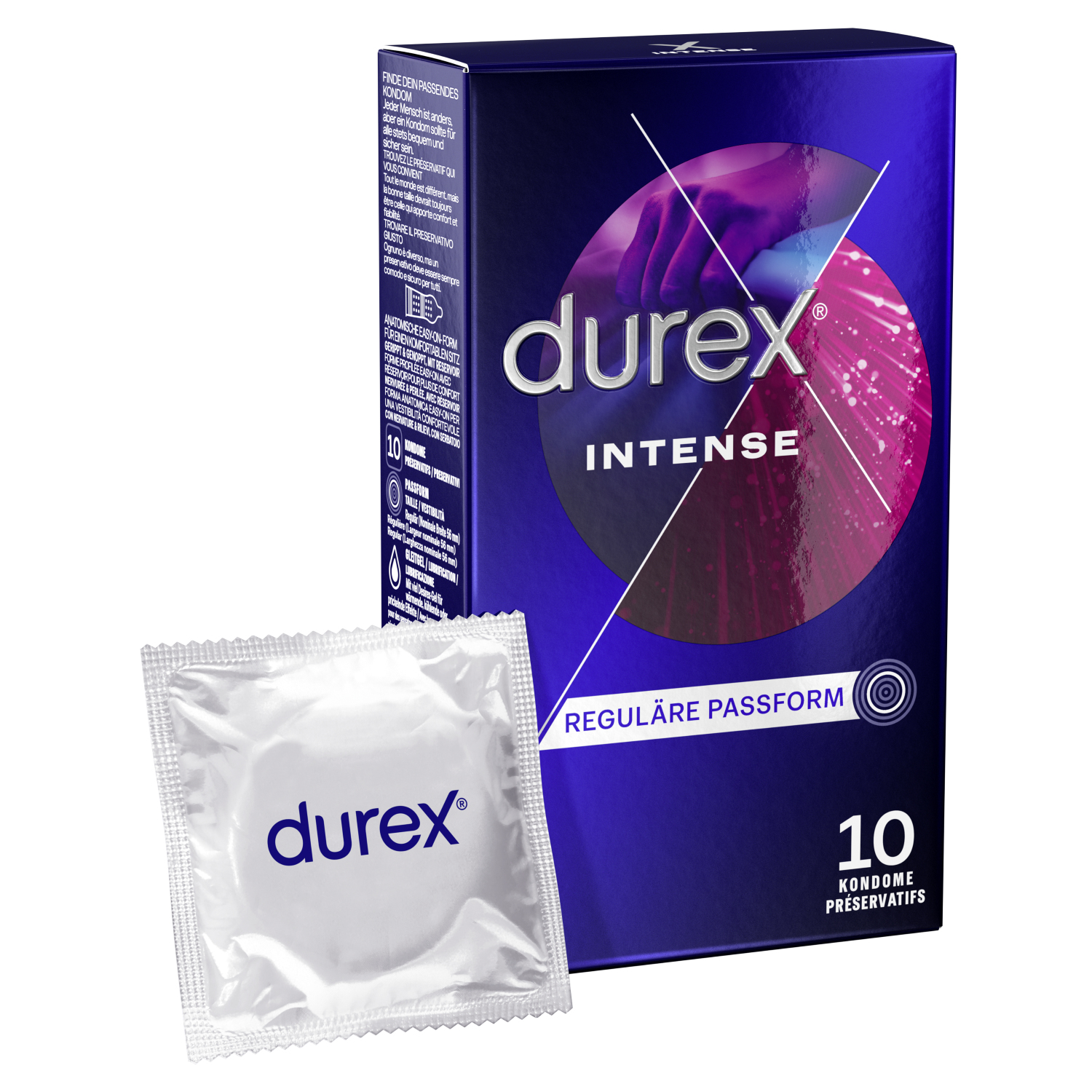 Pudełko i folia z prezerwatywami Durex Intense. Opakowanie jest granatowe z różowymi akcentami i informacjami o produkcie.