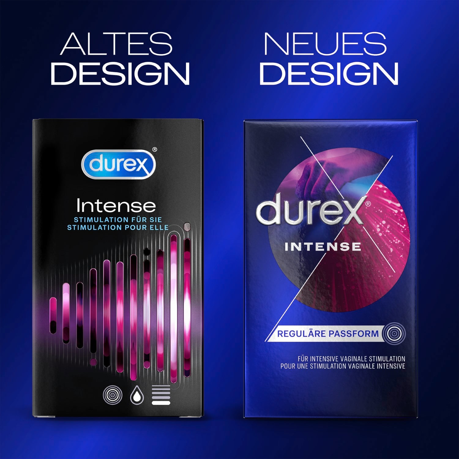 Porównanie opakowań prezerwatyw Durex Intense: Stary design po lewej, nowy po prawej, oba na niebieskim tle.