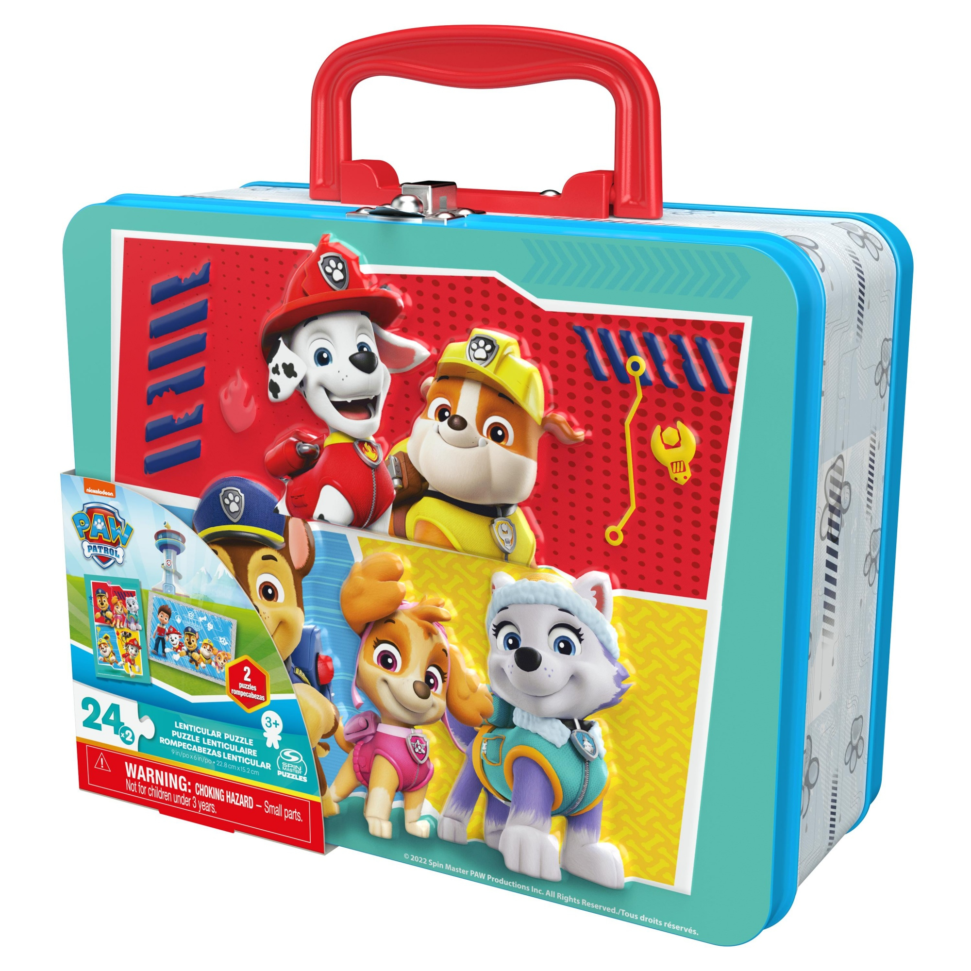 Puszka z puzzlami Paw Patrol z uchwytem. Zawiera postacie Paw Patrol i układankę.