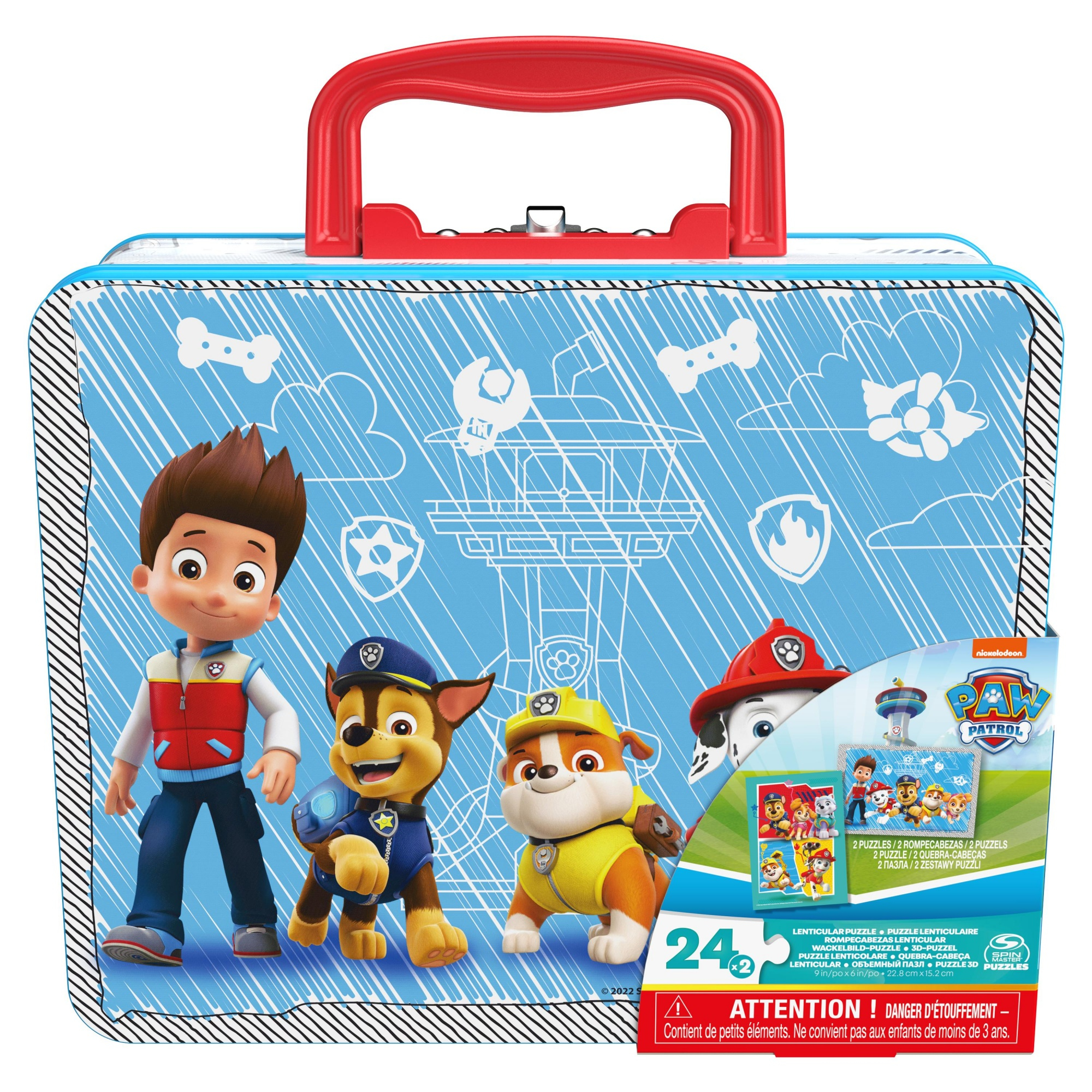 Puszka z puzzlami Paw Patrol. Zawiera chłopca, Chase'a i inne postacie Paw Patrol.