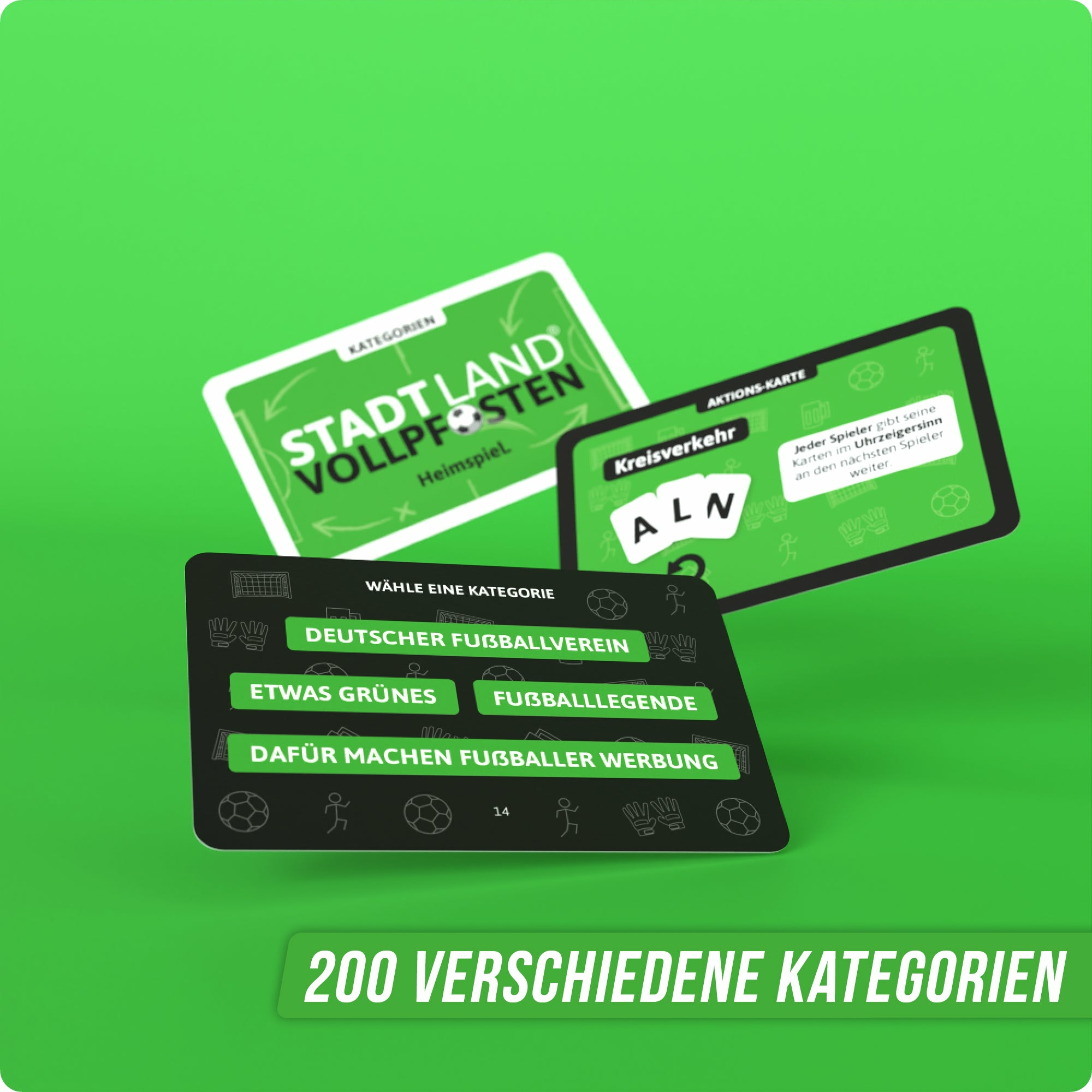 Carte con categorie: calcio, verde, leggenda del calcio. Sfondo verde con testo, '200 categorie'.