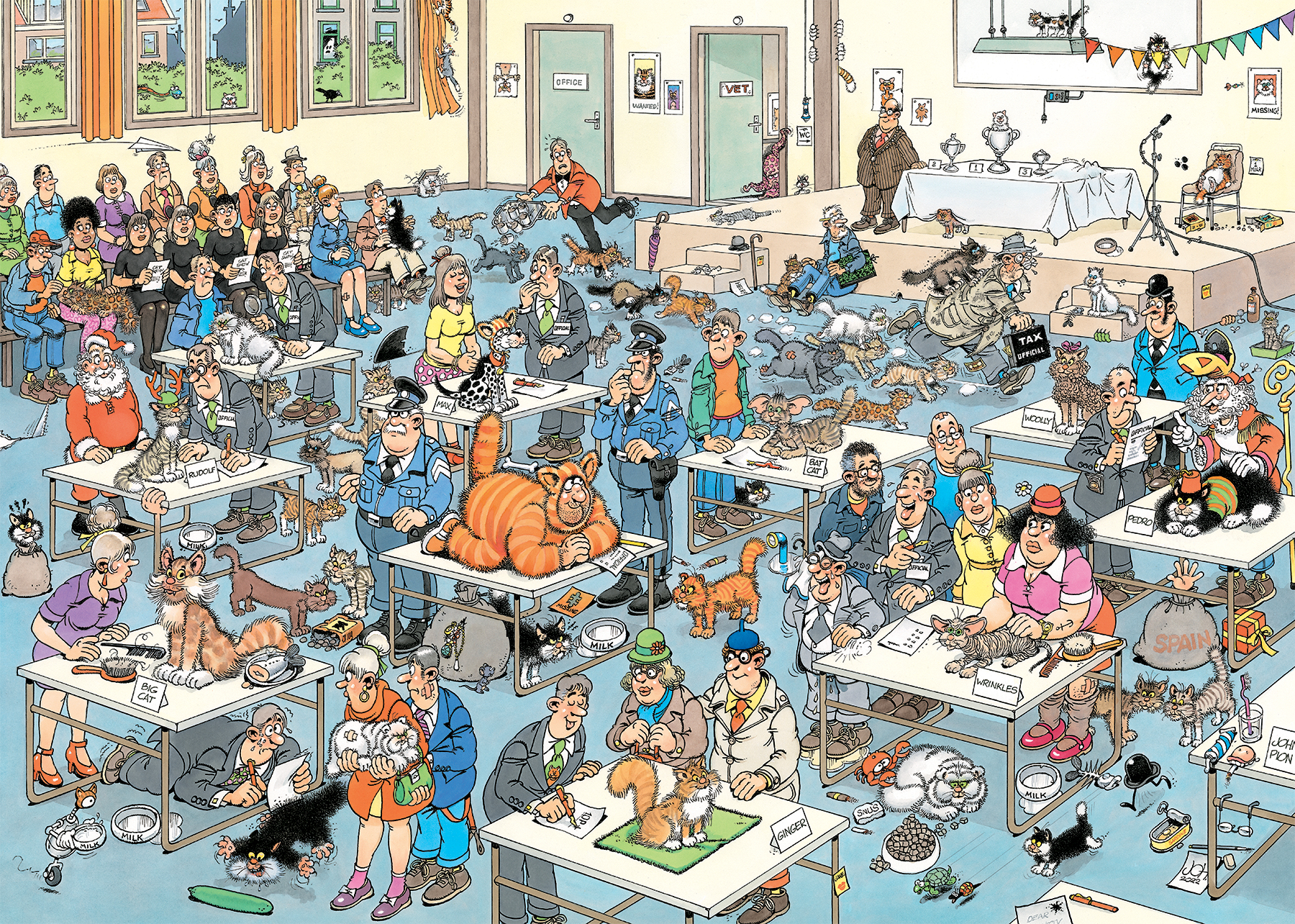 Cartoon van een kattenconventie. Katten en mensen in een auditorium. Borden met Dierenarts en Kantoor.