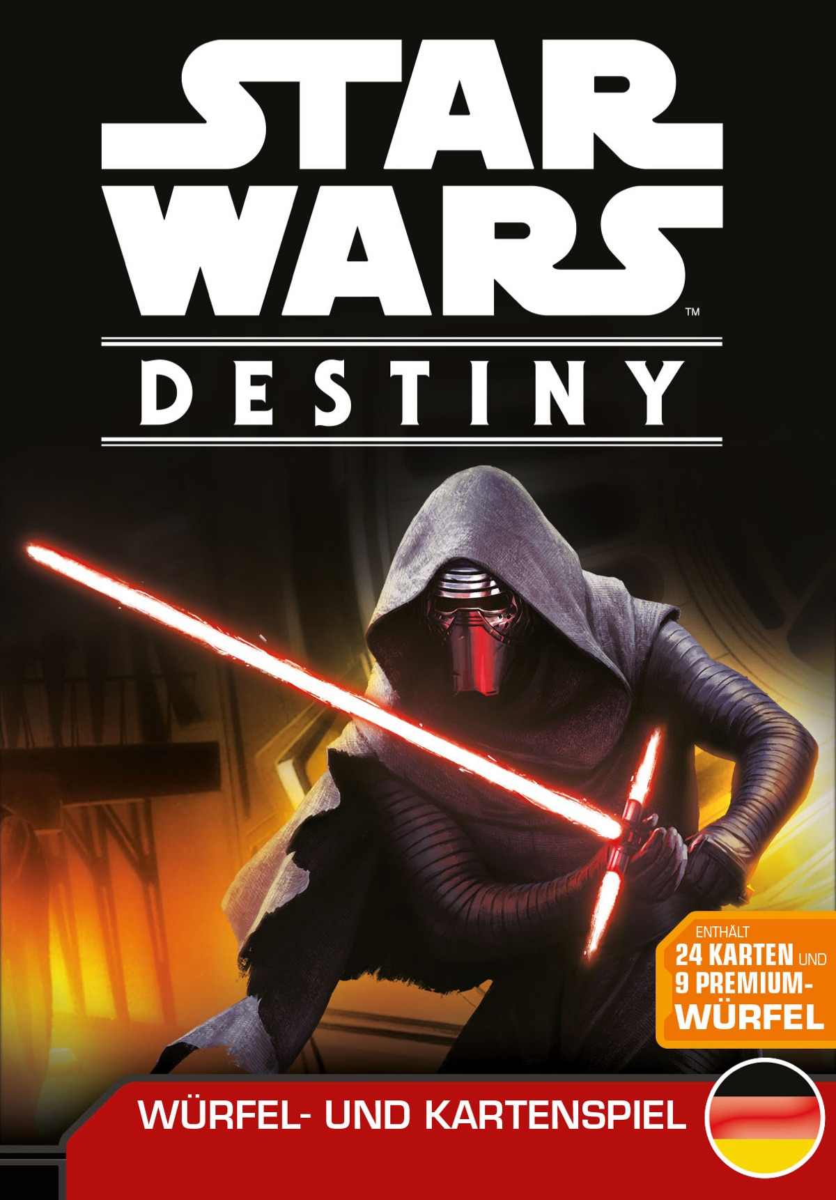 Pudełko gry karcianej Star Wars Destiny. Kylo Ren z mieczem świetlnym, tekstem 'Destiny' i kośćmi.