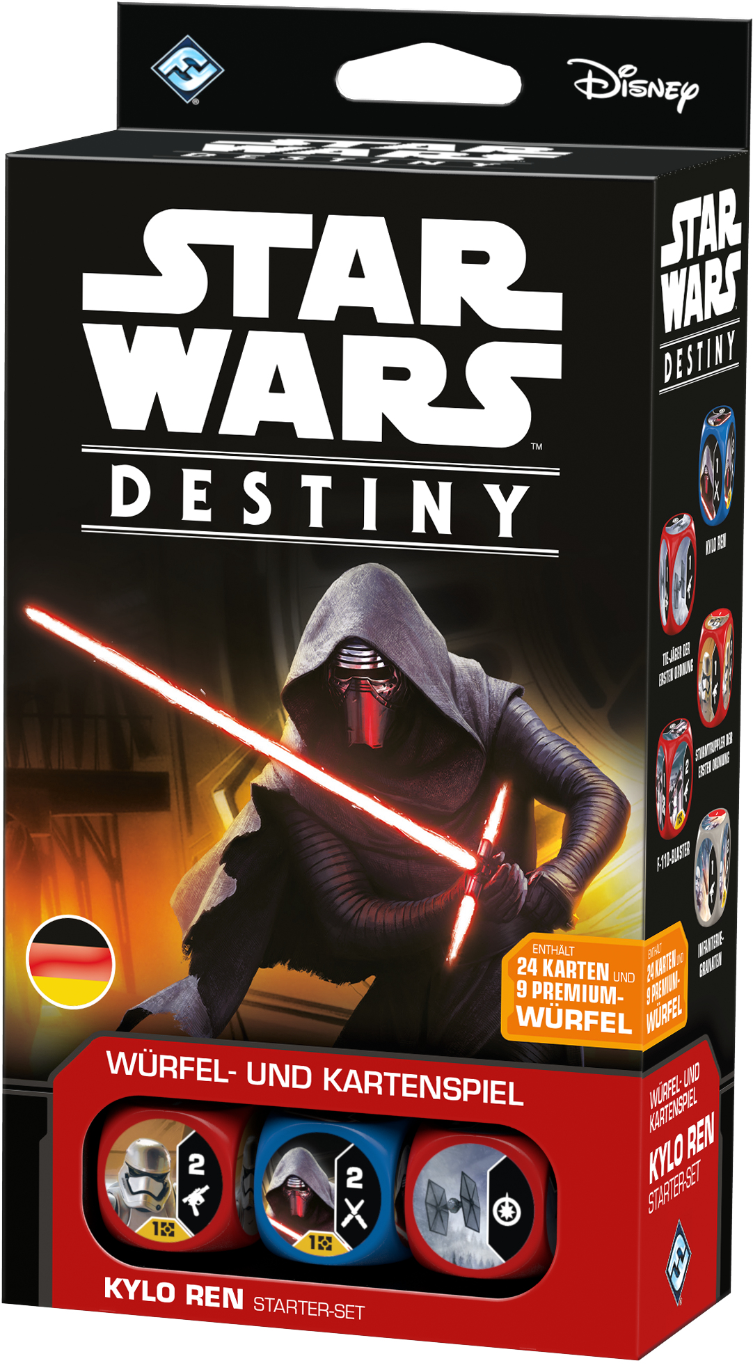 Pudełko z grą Star Wars Destiny. Pudełko przedstawia Kylo Rena z mieczem świetlnym i kości z twarzą Kylo Rena.