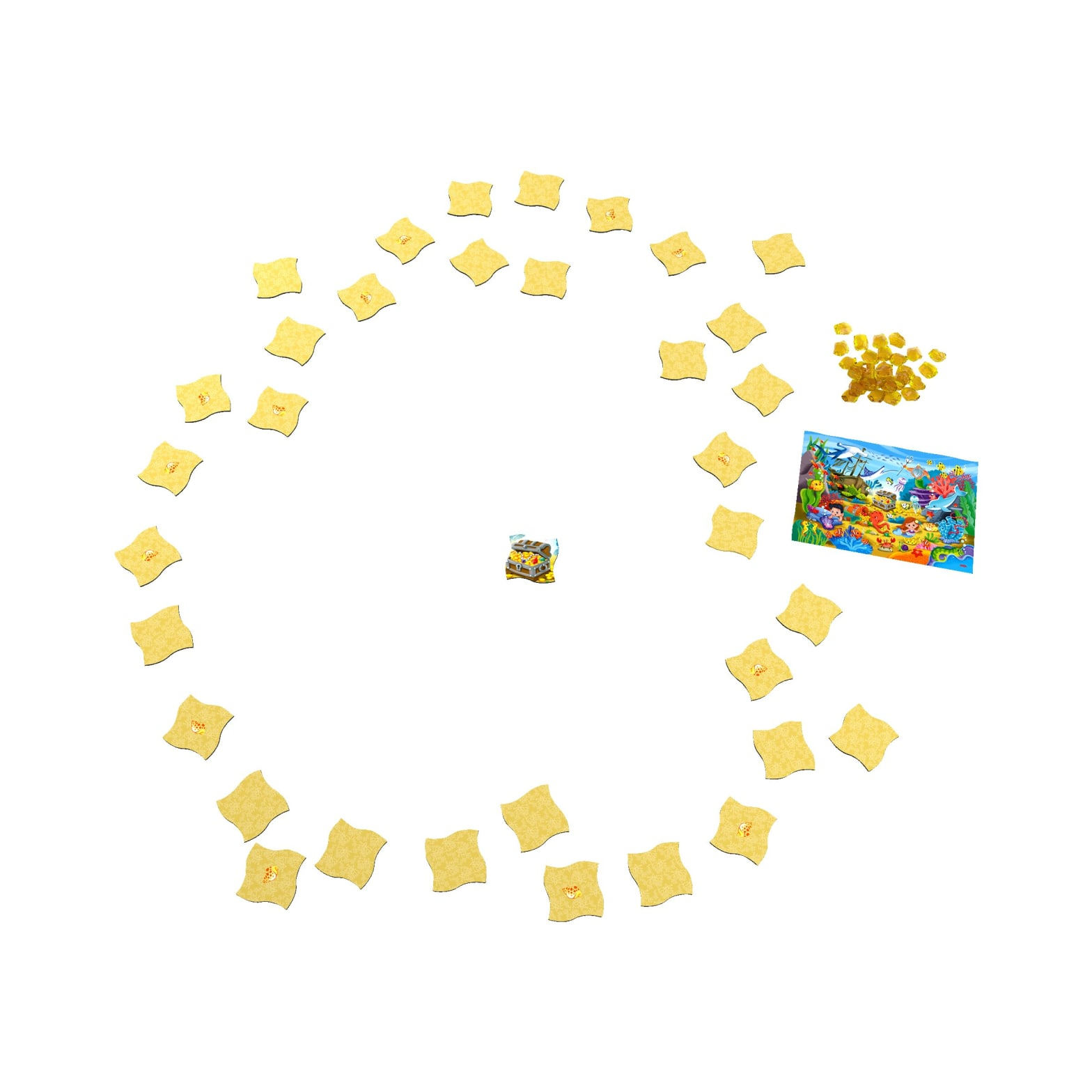 Pièces de jeu éparpillées sur une surface blanche. Elles comprennent des pièces jaunes aux bords ondulés, une petite boîte et une image.