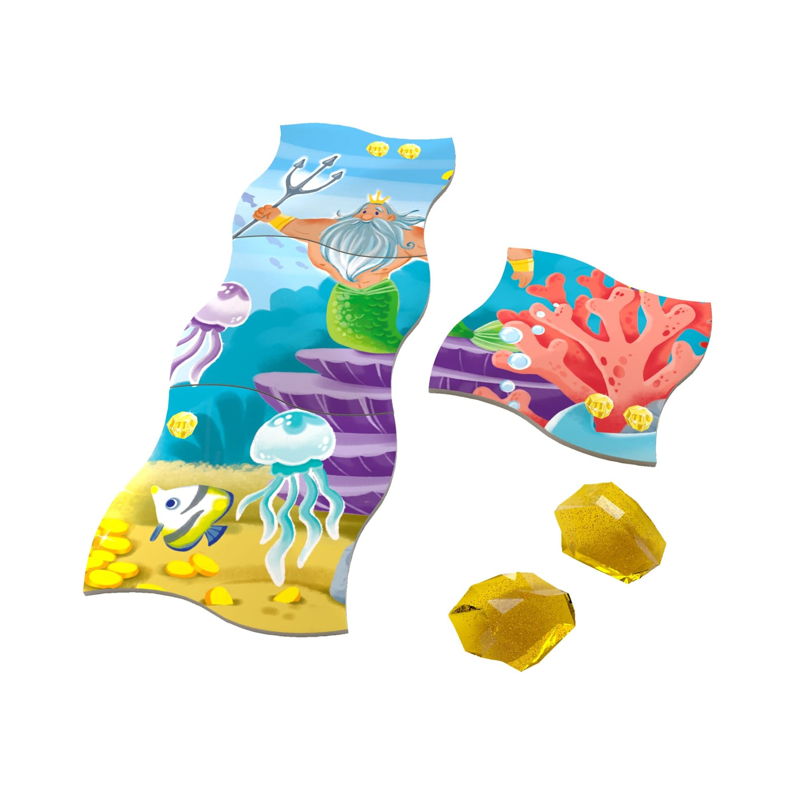 Pièces de puzzle d'une scène sous-marine. Triton, sirènes, poissons et coraux. Gemmes jaunes.