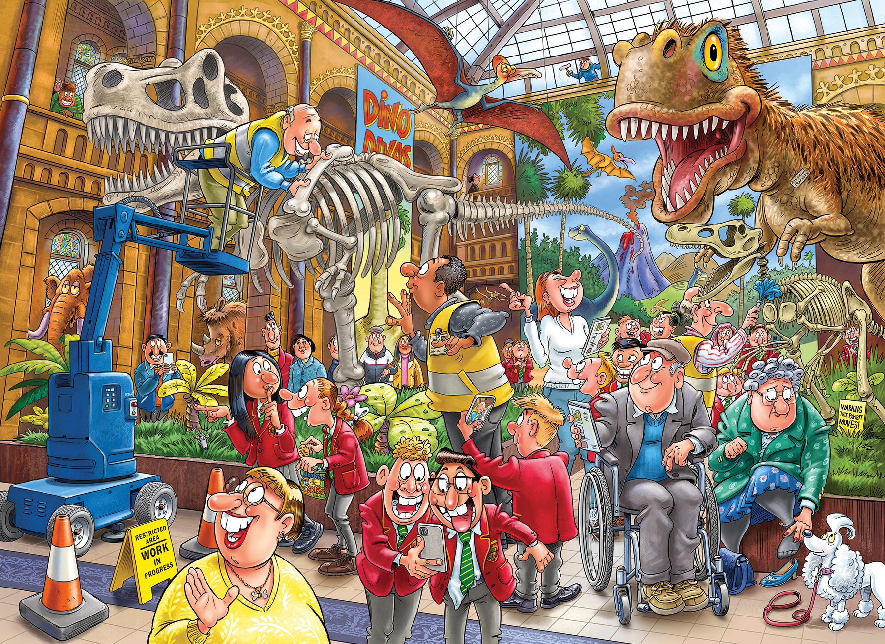 Una escena de rompecabezas colorida en un museo con dinosaurios, personas y un letrero que dice 'Dino Dreams'.