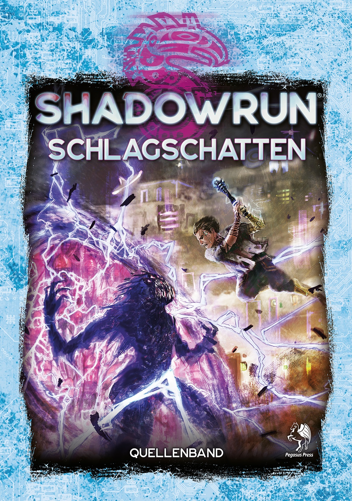 Buchcover für Shadowrun, mit einer Kampfszene mit einem Magier und einem Monster in blauer Umgebung.