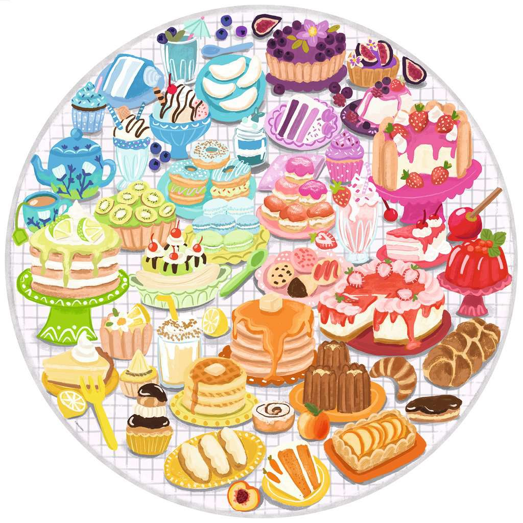 Kleurrijke illustratie van diverse desserts, waaronder taarten, donuts en gebakjes, gerangschikt in een cirkel.