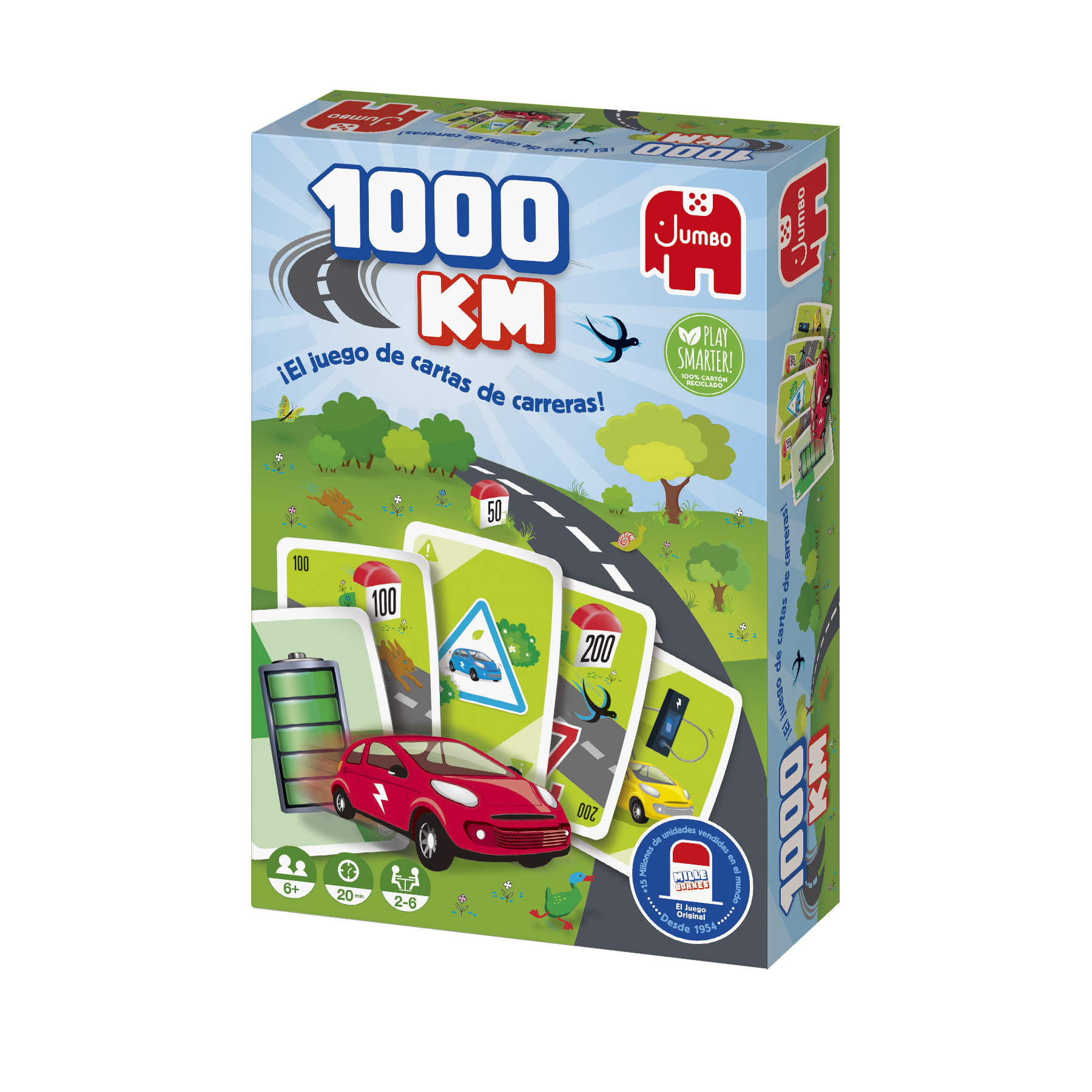 Caja de juego de cartas, '1000 KM', con imagen de carretera e ilustraciones de autos.