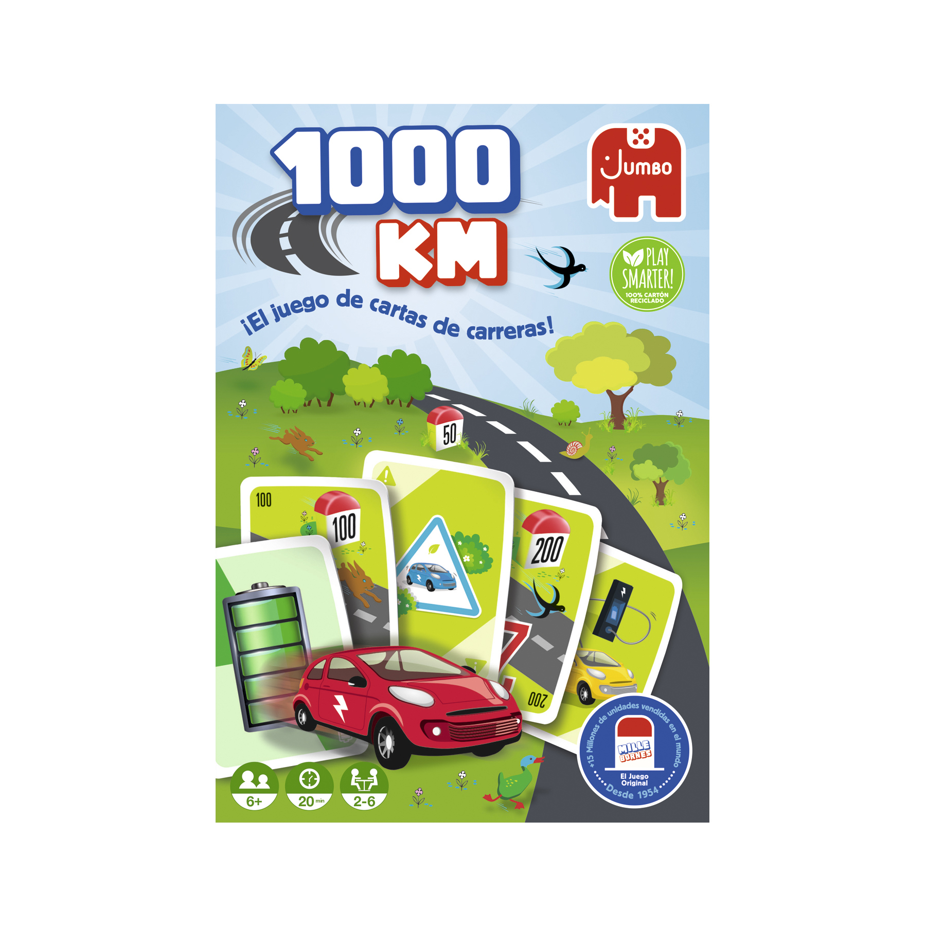 Caja de juego de cartas, '1000 KM', con imagen de carretera e ilustraciones de autos.