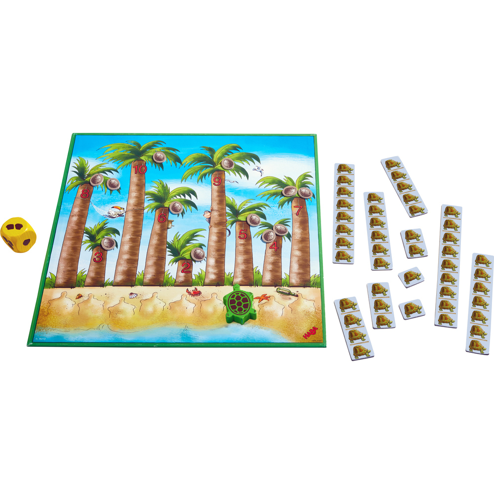 Brettspielaufbau mit Palmen, Schildkröten und nummerierten Kokosnüssen.